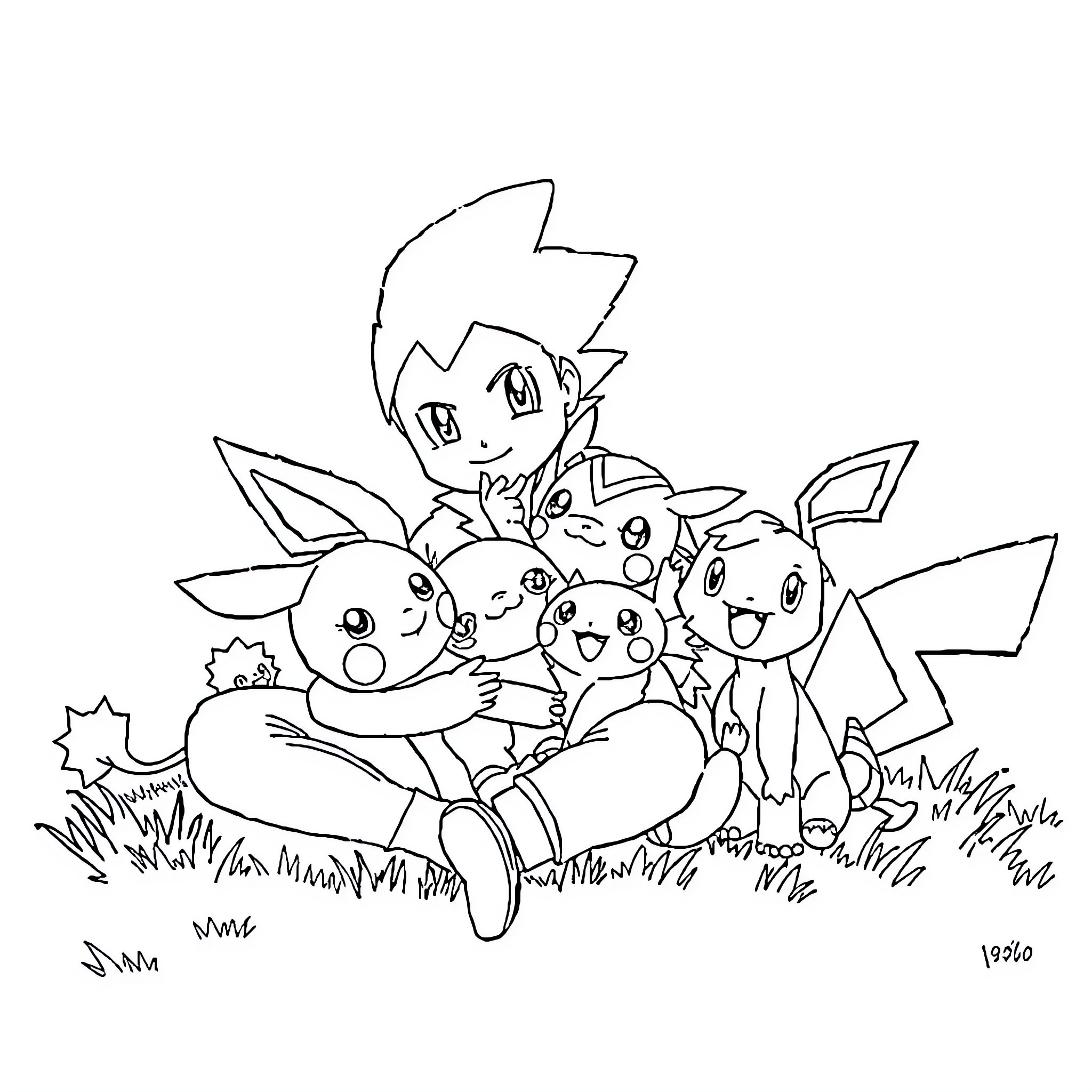 Ash and the Playful Pokemon Coloring Page (free black-and-white line drawing printable PDF for all, from beginners to advanced learners, including children, teens, adults, and seniors)