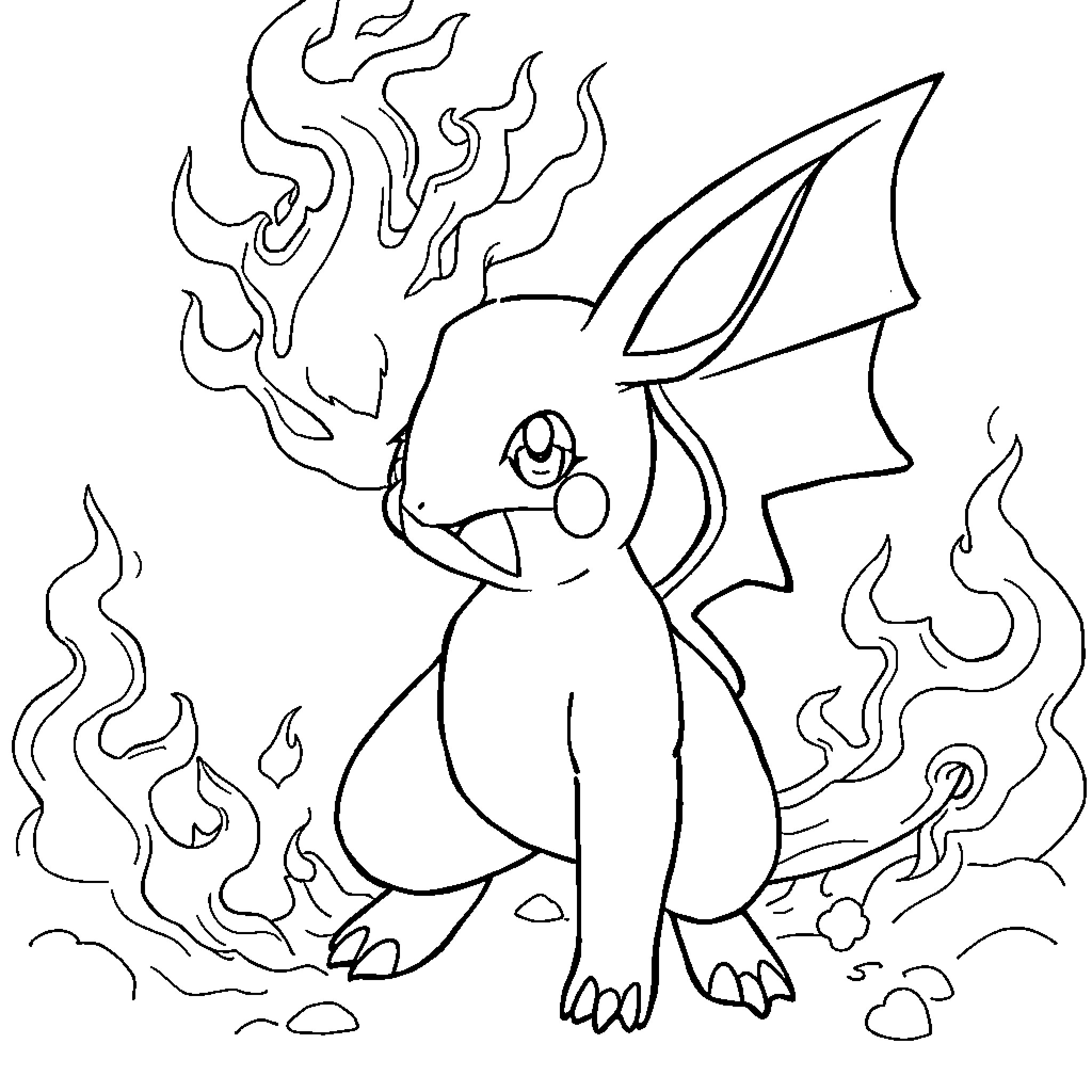 Fire Pokemon Battling Fiercely with Flames Coloring Page (free black-and-white line drawing printable PDF for all, from beginners to advanced learners, including children, teens, adults, and seniors)