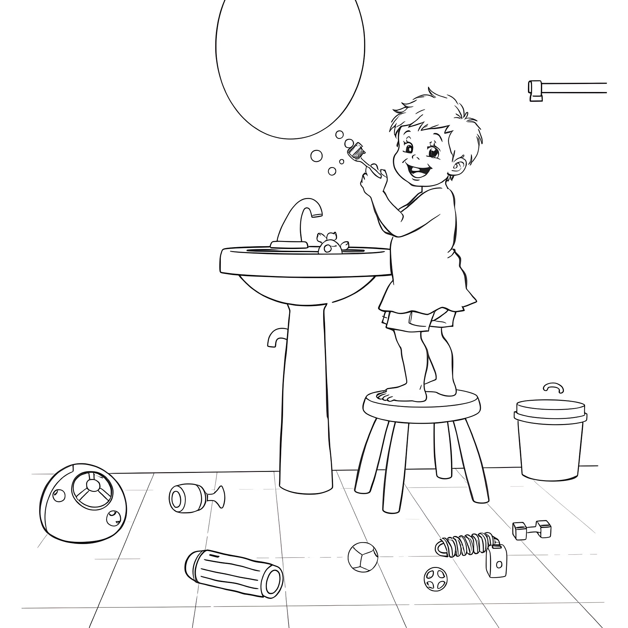Child playing happily in bathroom with bubbles Coloring Page (free black-and-white line drawing printable PDF for all, from beginners to advanced learners, including children, teens, adults, and seniors)