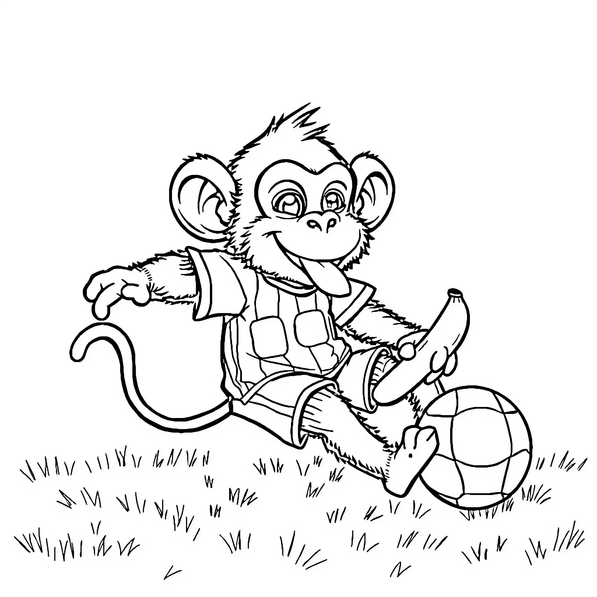 Monkey playing happily with toys in the grass Coloring Page (free black-and-white line drawing printable PDF for all, from beginners to advanced learners, including children, teens, adults, and seniors)