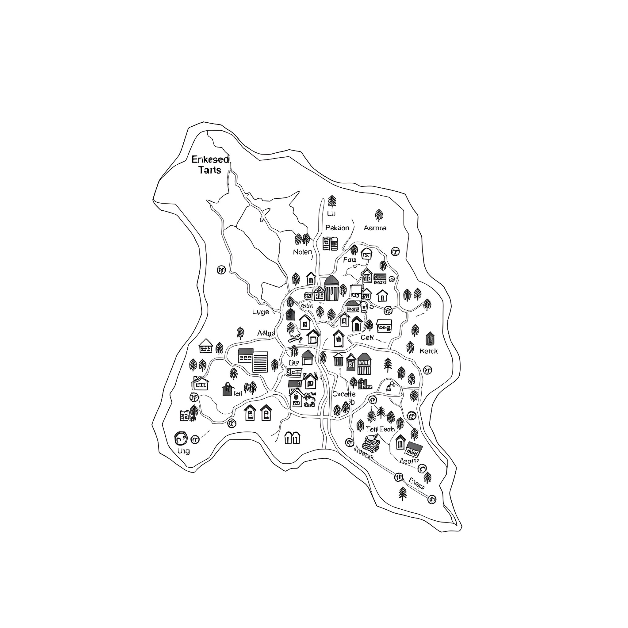 Pokémon map with various buildings and landmarks Coloring Page (free black-and-white line drawing printable PDF for all, from beginners to advanced learners, including children, teens, adults, and seniors)