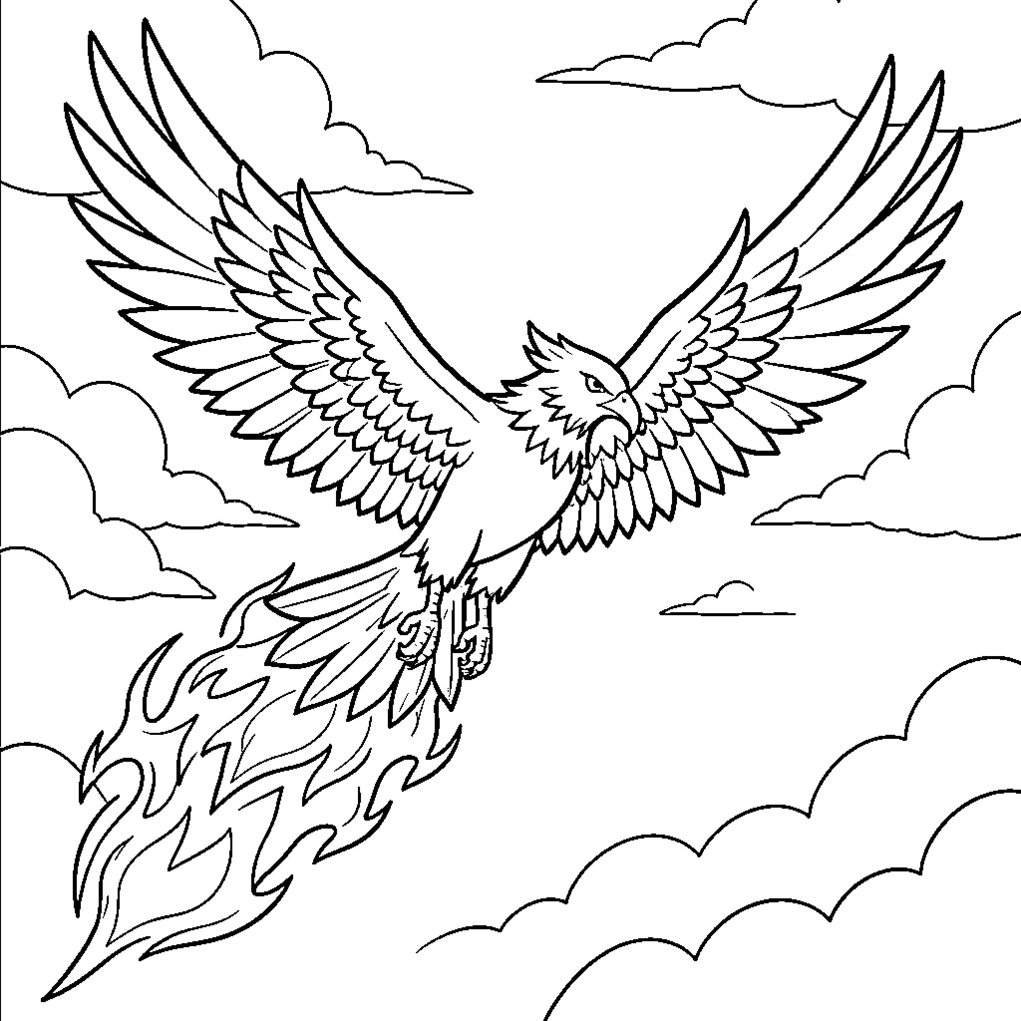 Phoenix soaring majestically through the clouds Coloring Page (free black-and-white line drawing printable PDF for all, from beginners to advanced learners, including children, teens, adults, and seniors)