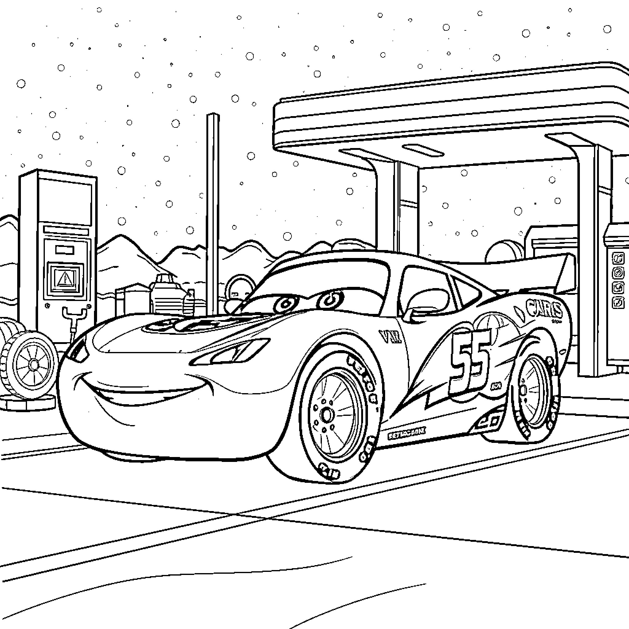 Rayo McQueen refueling at the gas station Coloring Page (free black-and-white line drawing printable PDF for all, from beginners to advanced learners, including children, teens, adults, and seniors)