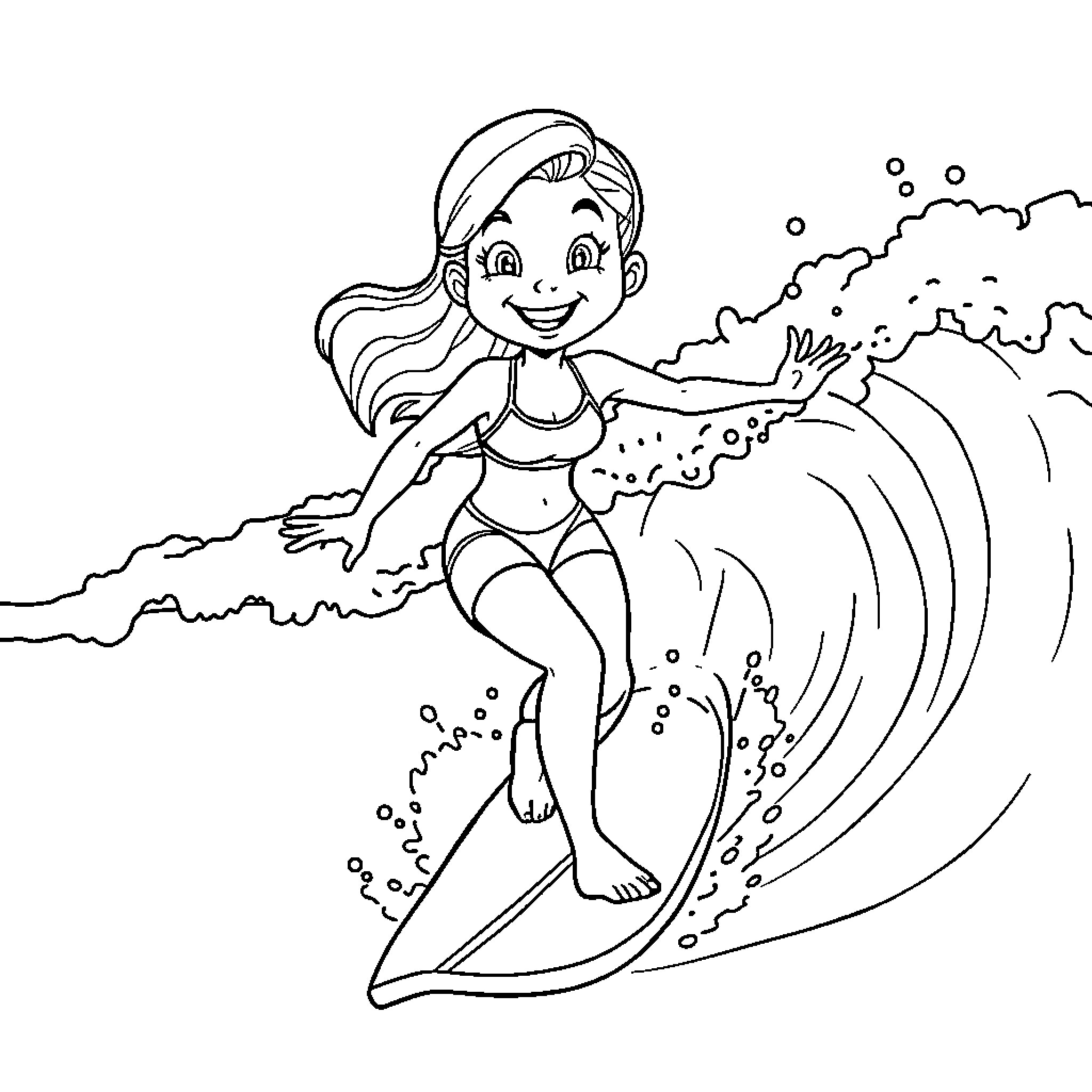 Gabby surfing the waves with joy Coloring Page (free black-and-white line drawing printable PDF for all, from beginners to advanced learners, including children, teens, adults, and seniors)