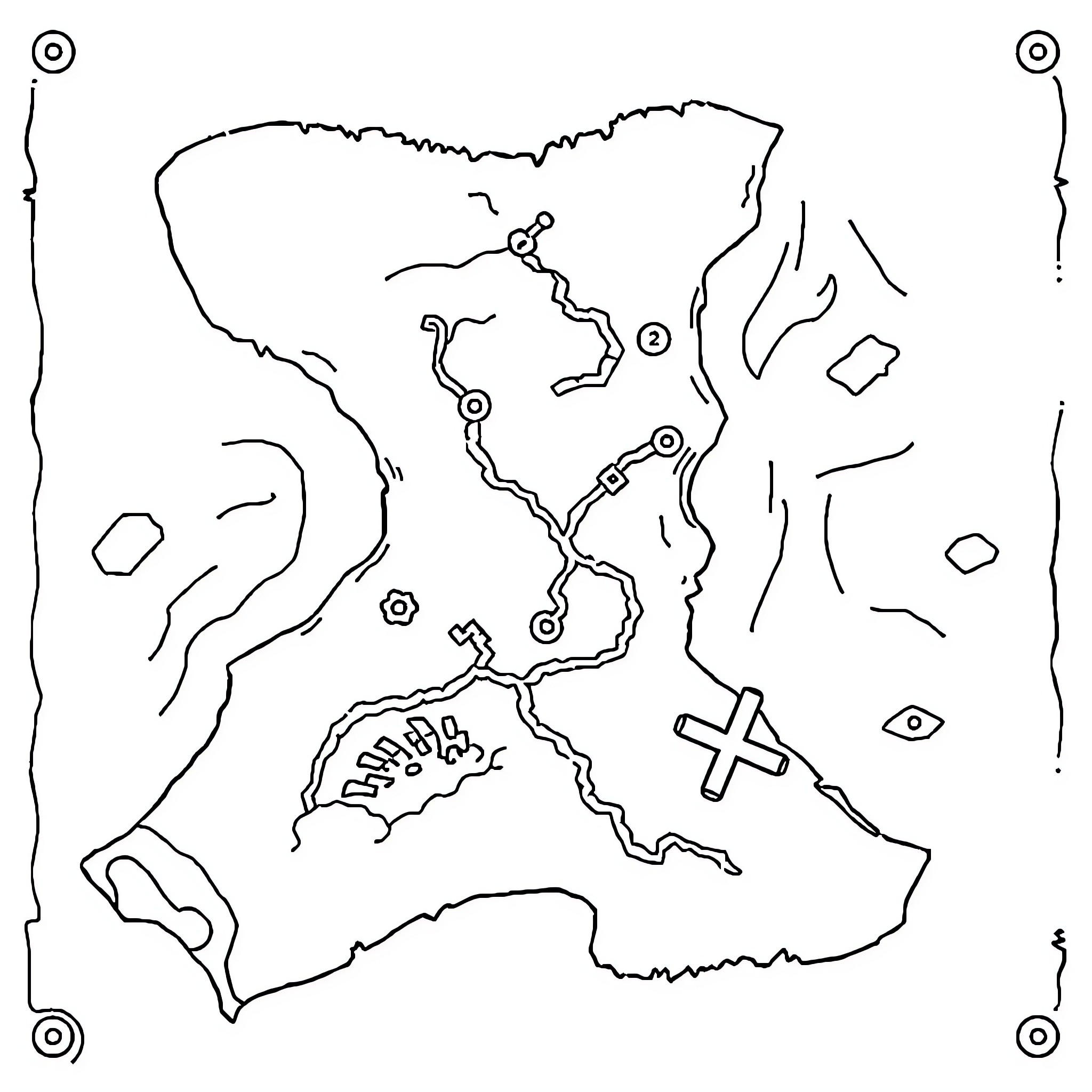 Treasure Map of a mysterious island Coloring Page (free black-and-white line drawing printable PDF for all, from beginners to advanced learners, including children, teens, adults, and seniors)