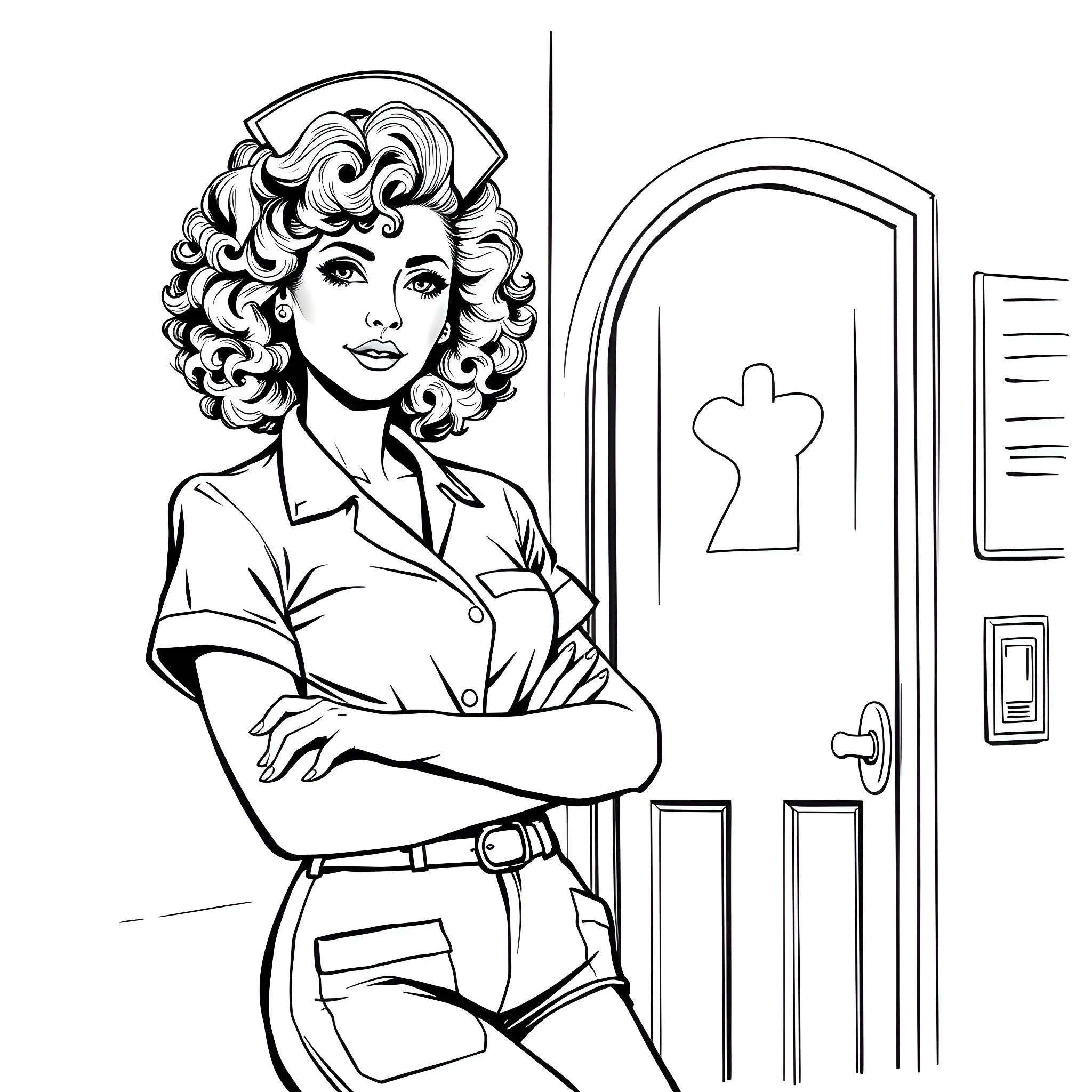Nurse with Curly Hair Standing in Front of Doorway Coloring Page (free black-and-white line drawing printable PDF for all, from beginners to advanced learners, including children, teens, adults, and seniors)