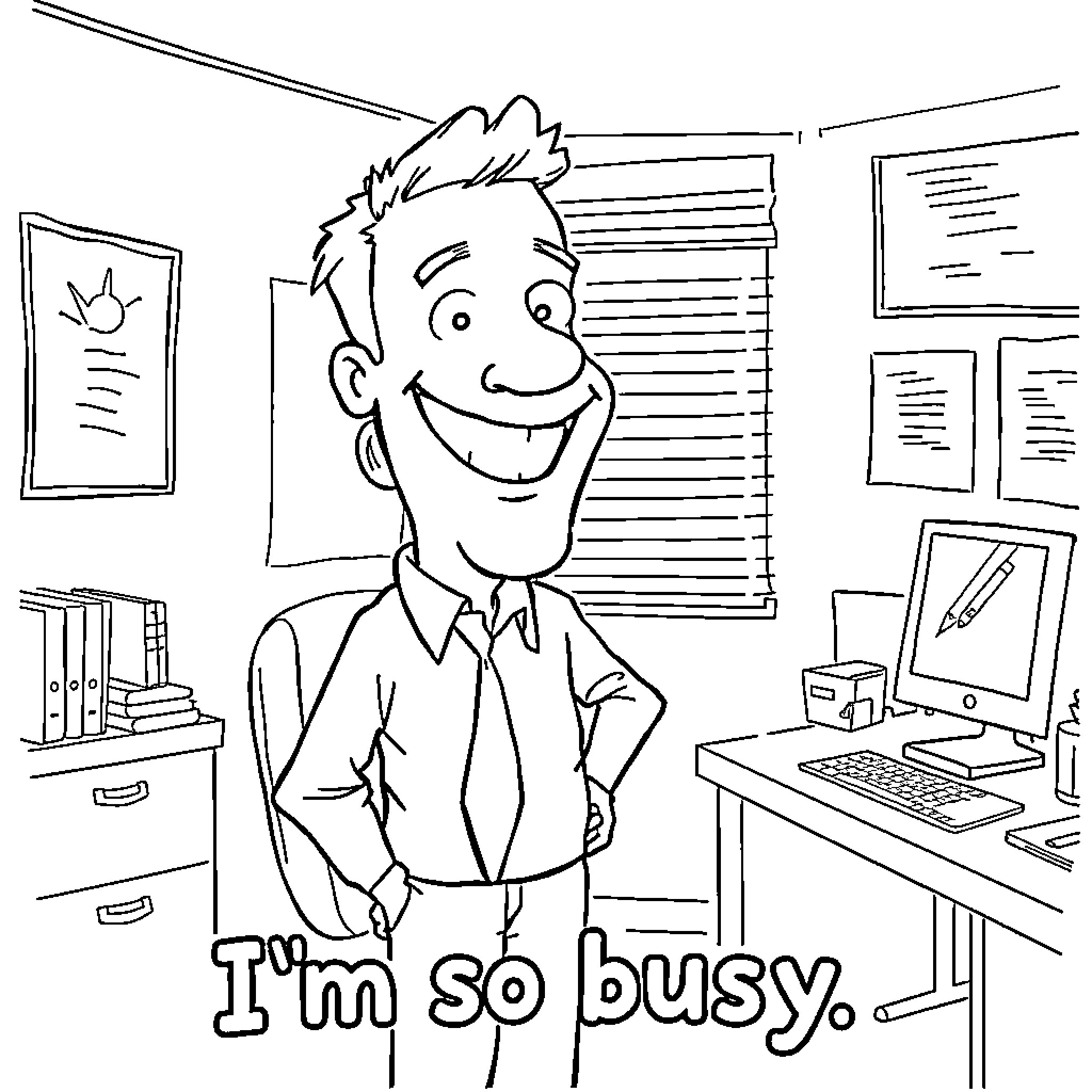 Mark's Busy Day at the Office Coloring Page (free black-and-white line drawing printable PDF for all, from beginners to advanced learners, including children, teens, adults, and seniors)