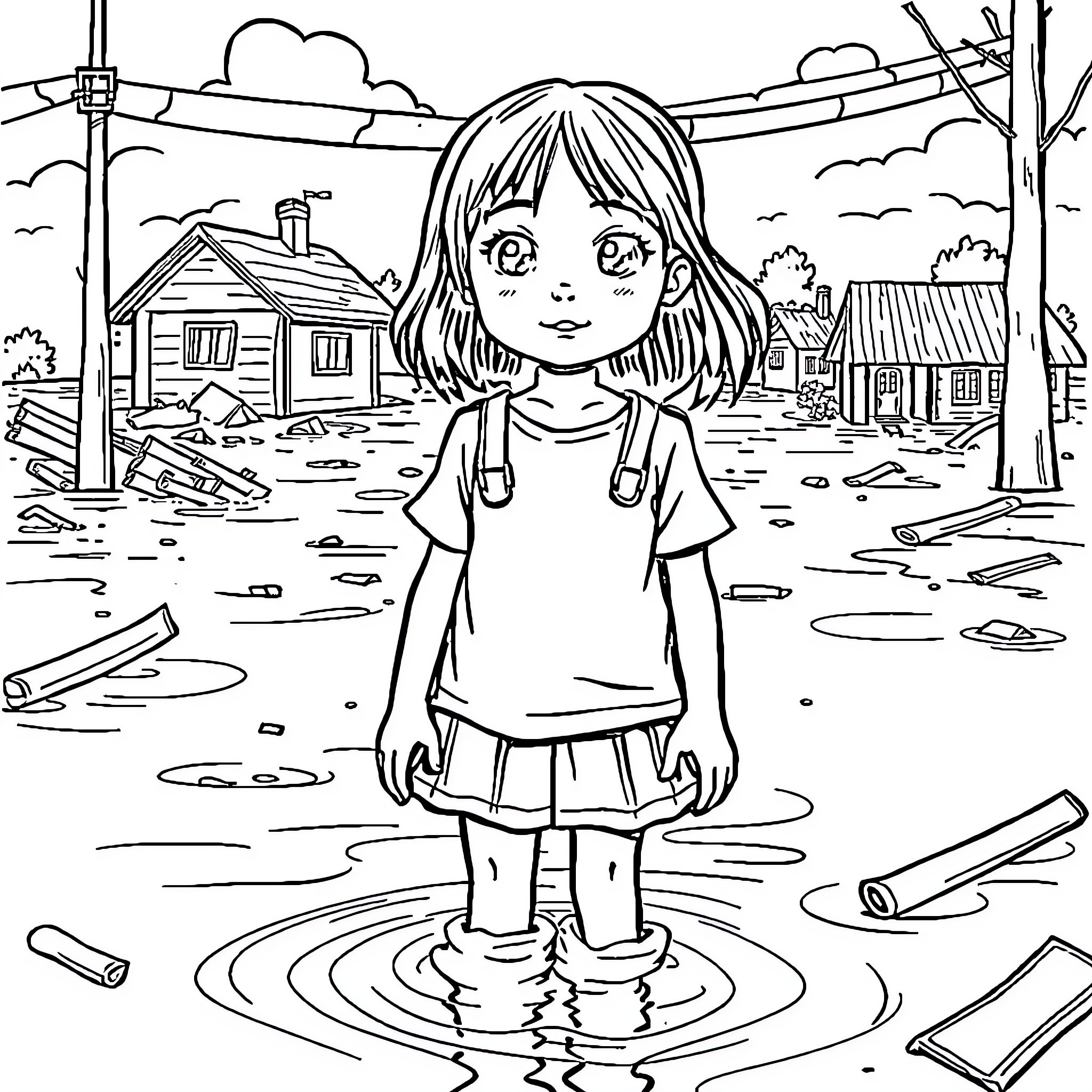 Girl exploring a flooded neighborhood Coloring Page (free black-and-white line drawing printable PDF for all, from beginners to advanced learners, including children, teens, adults, and seniors)