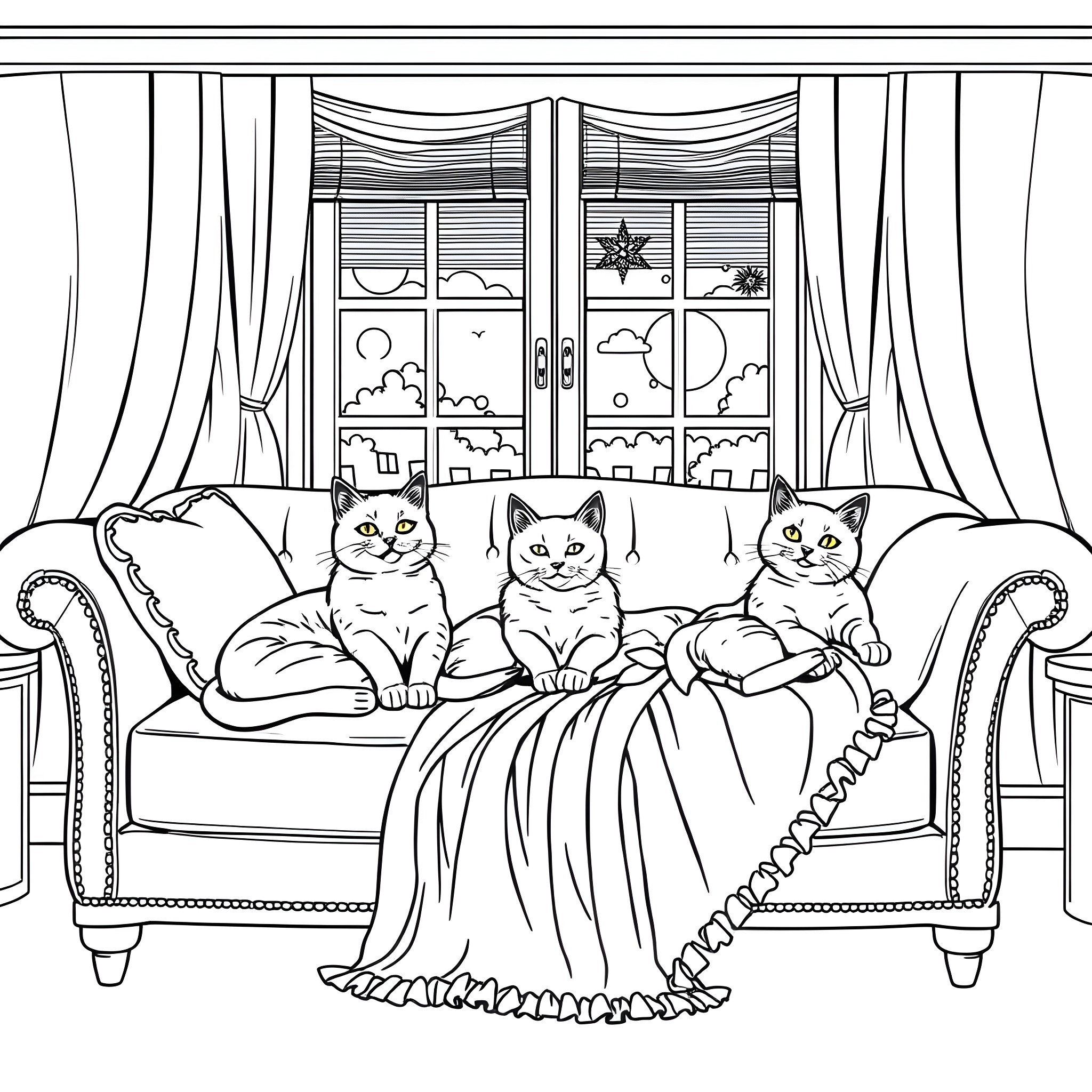 Cats Resting on Couch by Winter Window Coloring Page (free black-and-white line drawing printable PDF for all, from beginners to advanced learners, including children, teens, adults, and seniors)
