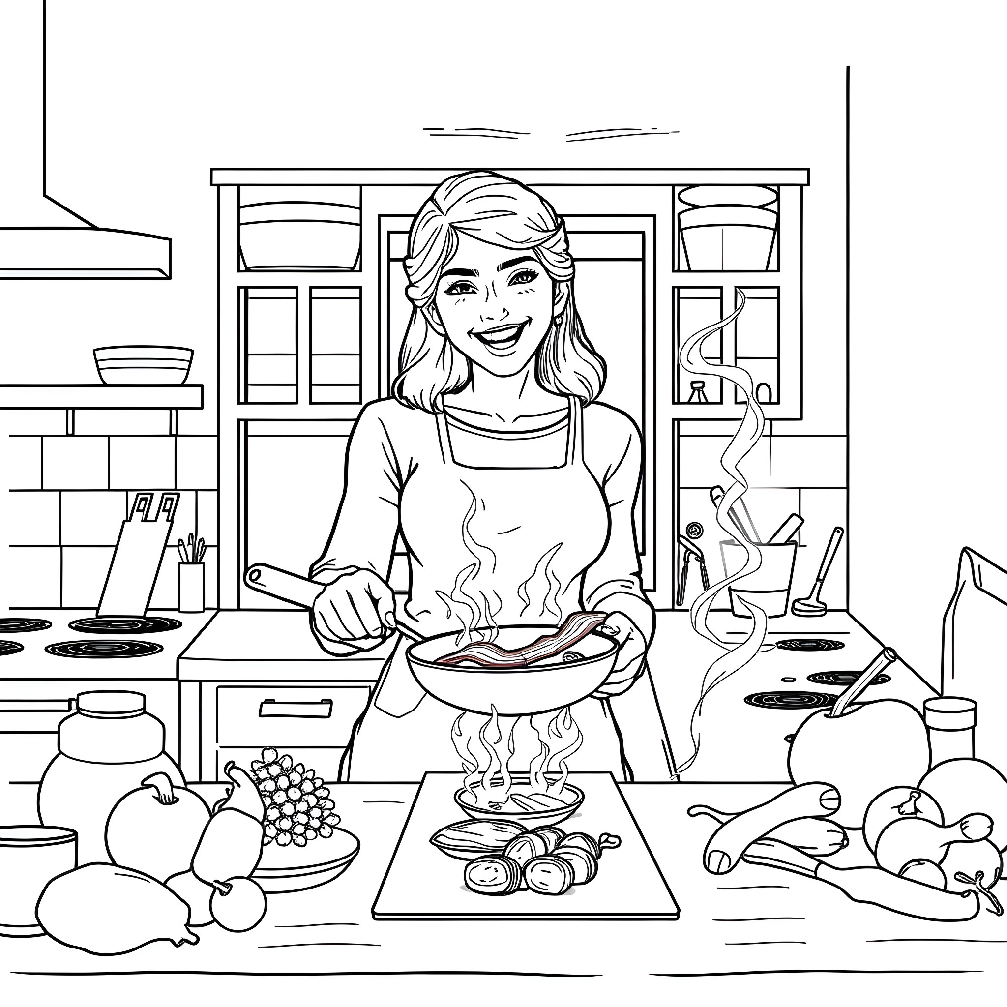 Woman cooking a meal in the kitchen Coloring Page (free black-and-white line drawing printable PDF for all, from beginners to advanced learners, including children, teens, adults, and seniors)
