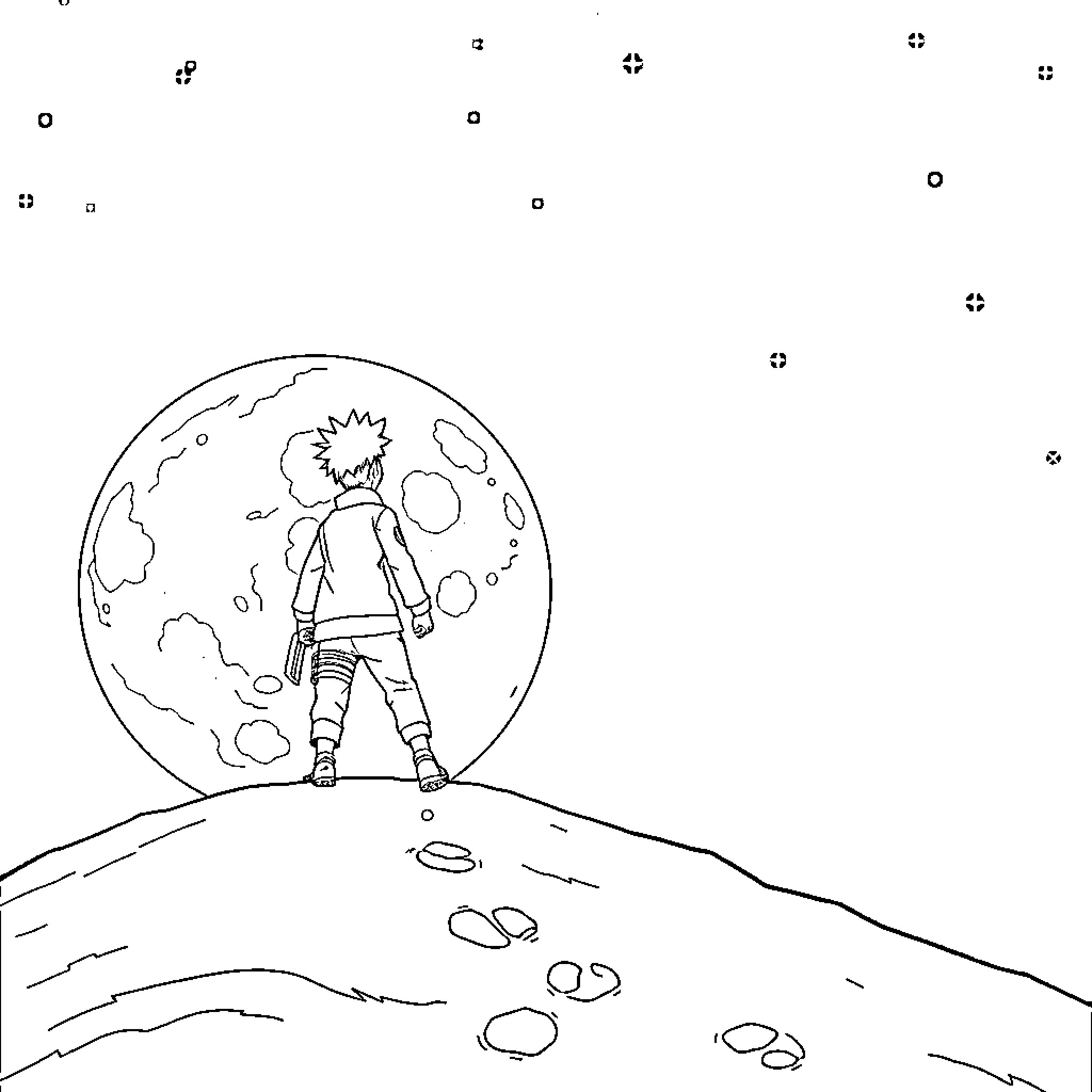 Naruto gazing at the moon in awe Coloring Page (free black-and-white line drawing printable PDF for all, from beginners to advanced learners, including children, teens, adults, and seniors)