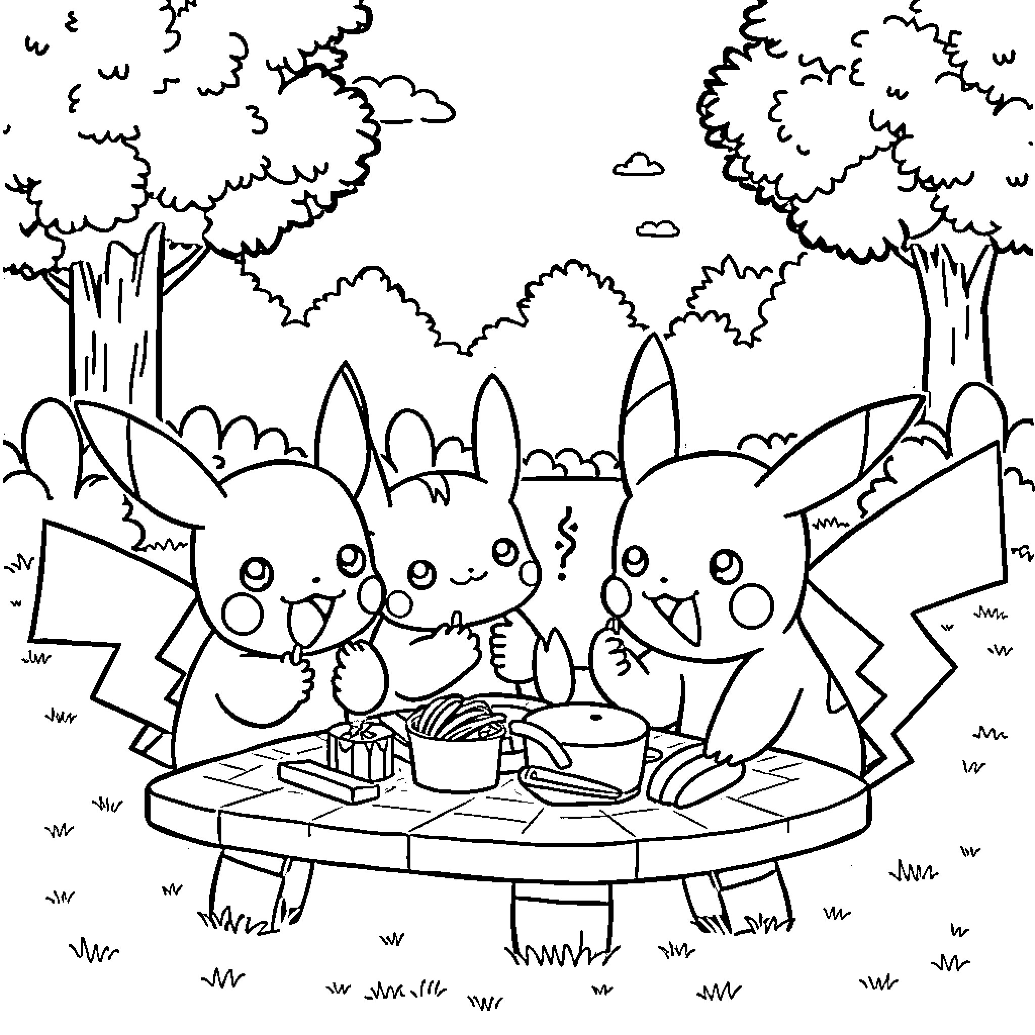 Pokémon Enjoying Picnic in Nature Coloring Page (free black-and-white line drawing printable PDF for all, from beginners to advanced learners, including children, teens, adults, and seniors)