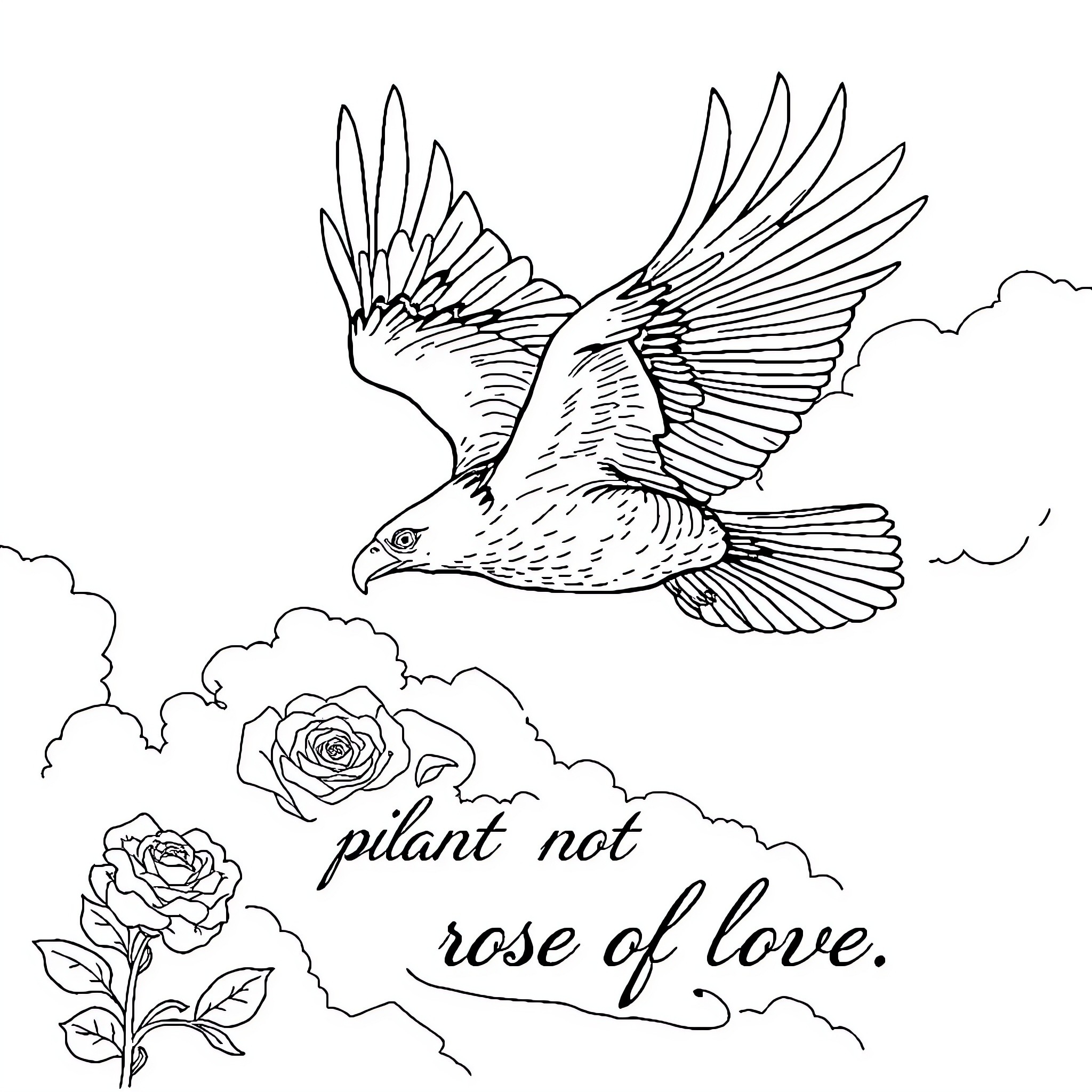 Eagle soaring through the clouds with roses Coloring Page (free black-and-white line drawing printable PDF for all, from beginners to advanced learners, including children, teens, adults, and seniors)