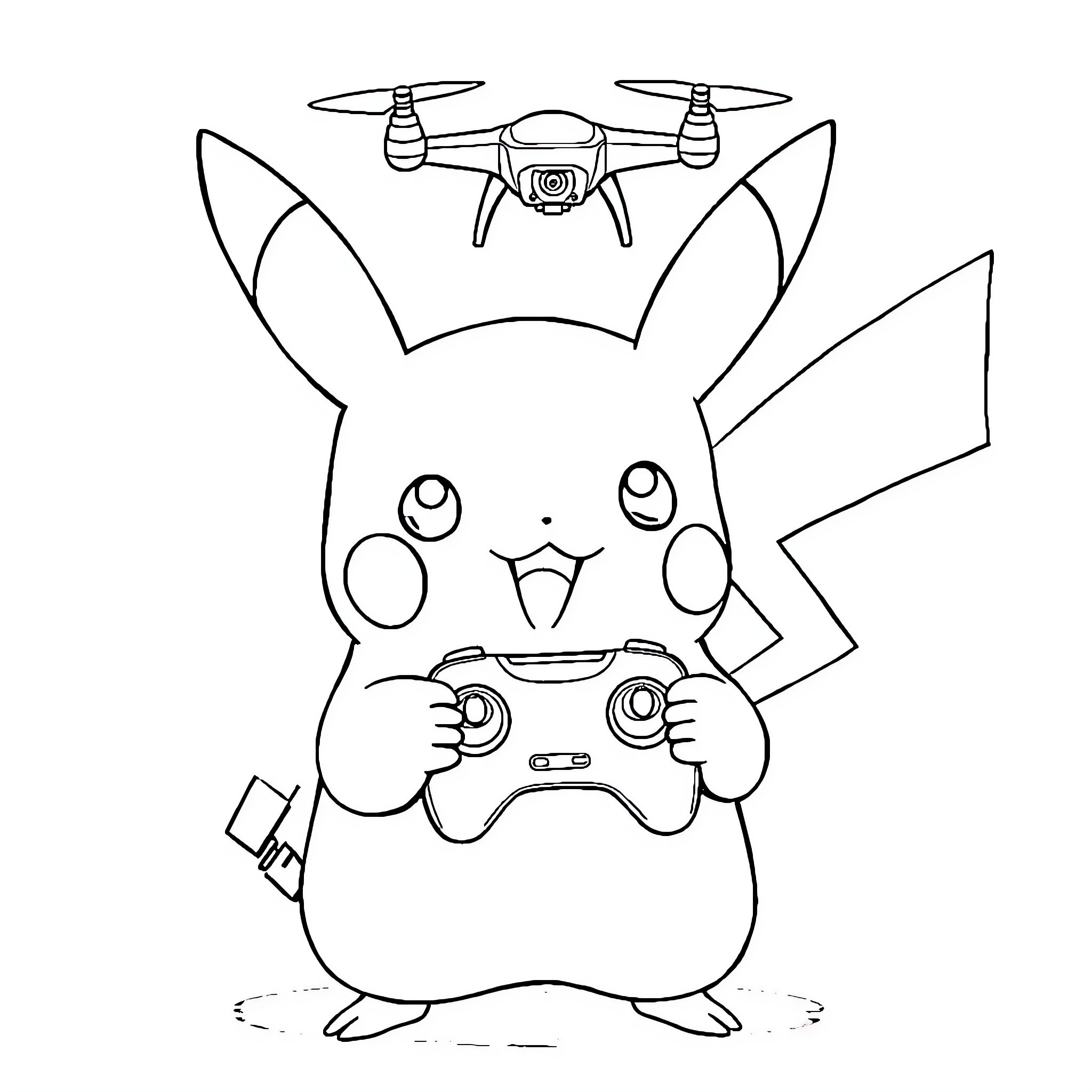 Pikachu playing with a drone controller Coloring Page (free black-and-white line drawing printable PDF for all, from beginners to advanced learners, including children, teens, adults, and seniors)