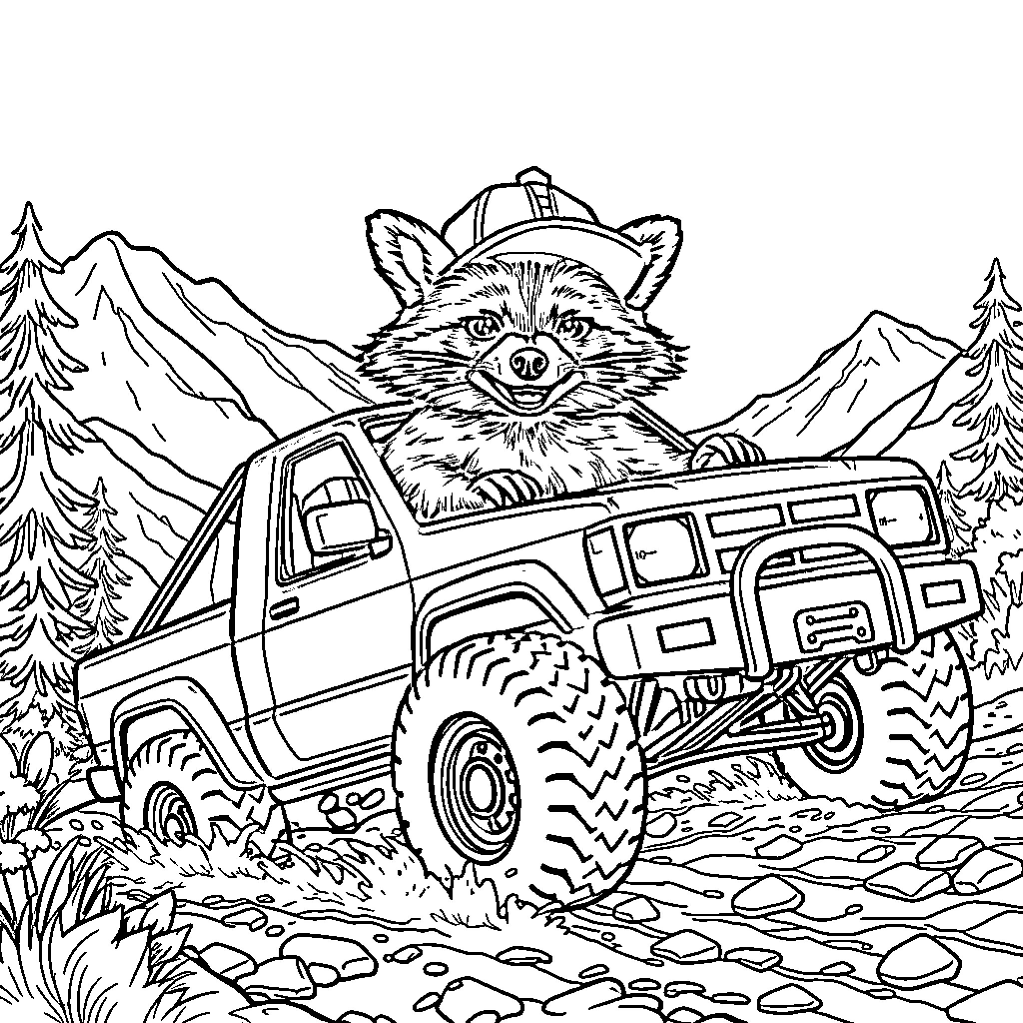 Raccoon driving a lifted off-road vehicle in the mountains Coloring Page (free black-and-white line drawing printable PDF for all, from beginners to advanced learners, including children, teens, adults, and seniors)