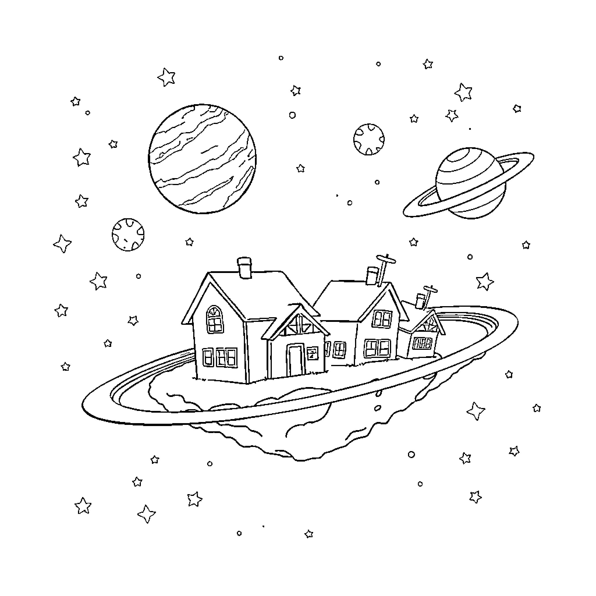 Aged Care Home in the Cosmos Coloring Page (free black-and-white line drawing printable PDF for all, from beginners to advanced learners, including children, teens, adults, and seniors)