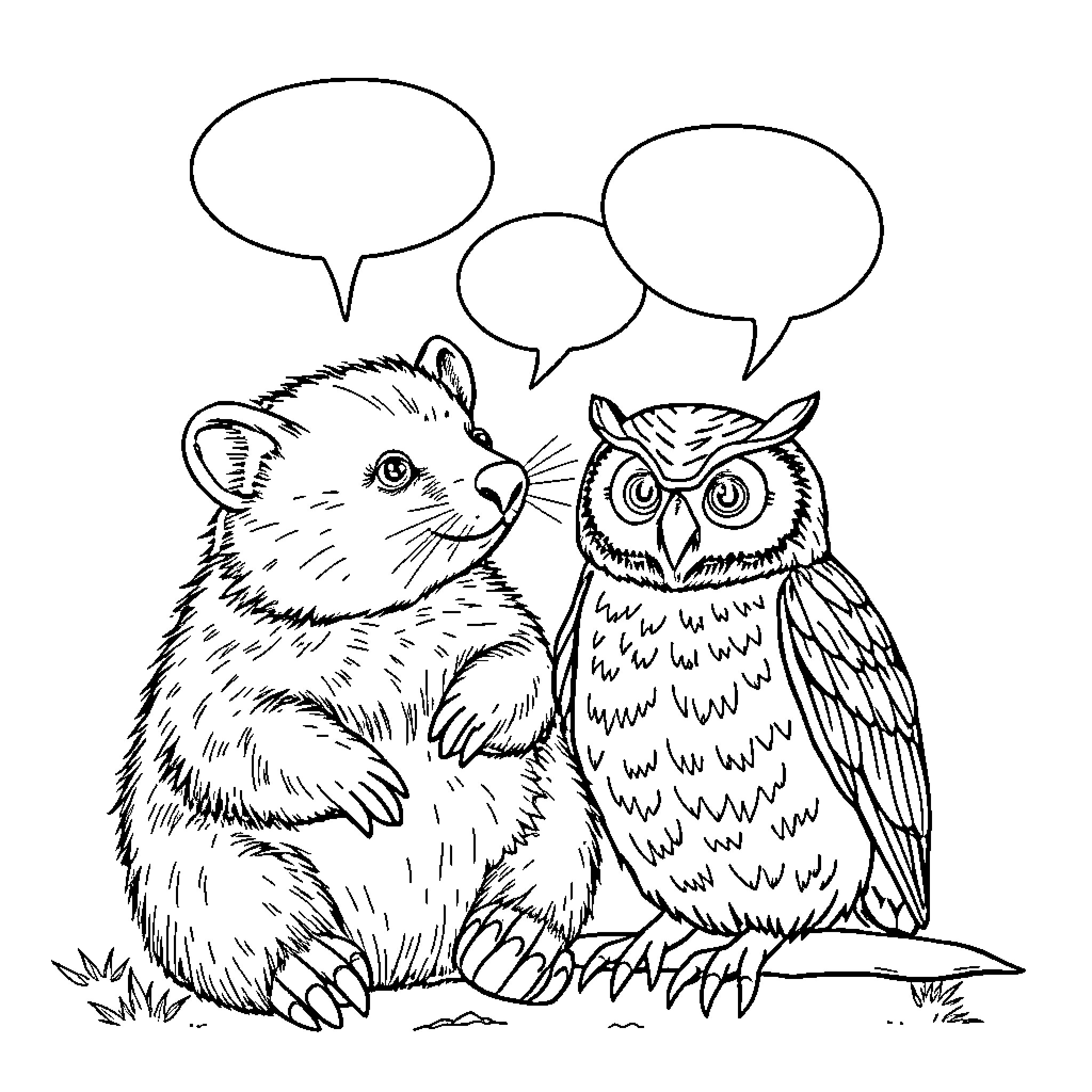 Wombat and Owl Conversing in the Wild Coloring Page (free black-and-white line drawing printable PDF for all, from beginners to advanced learners, including children, teens, adults, and seniors)