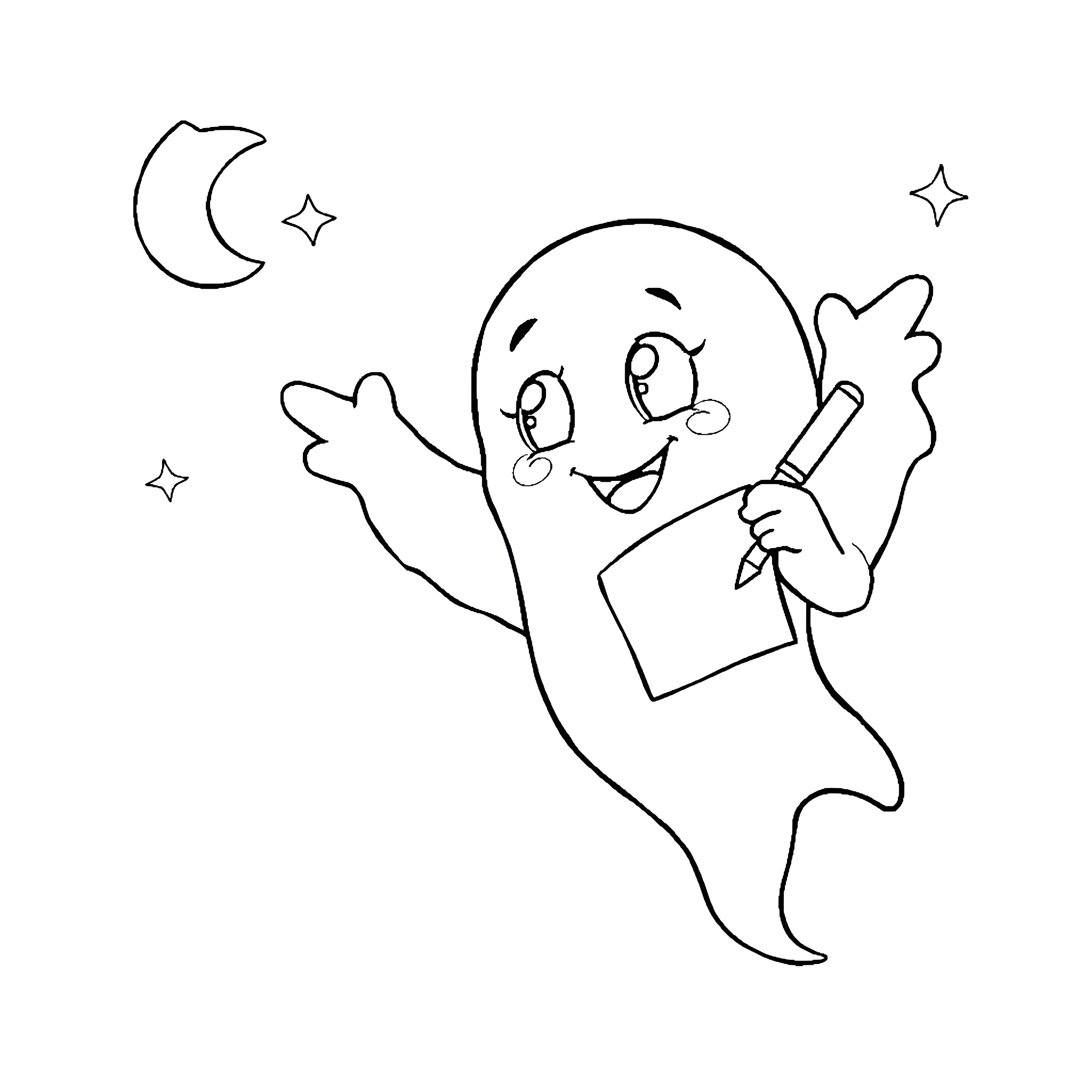 Ghost Happily Writing Under the Starry Night Coloring Page (free black-and-white line drawing printable PDF for all, from beginners to advanced learners, including children, teens, adults, and seniors)