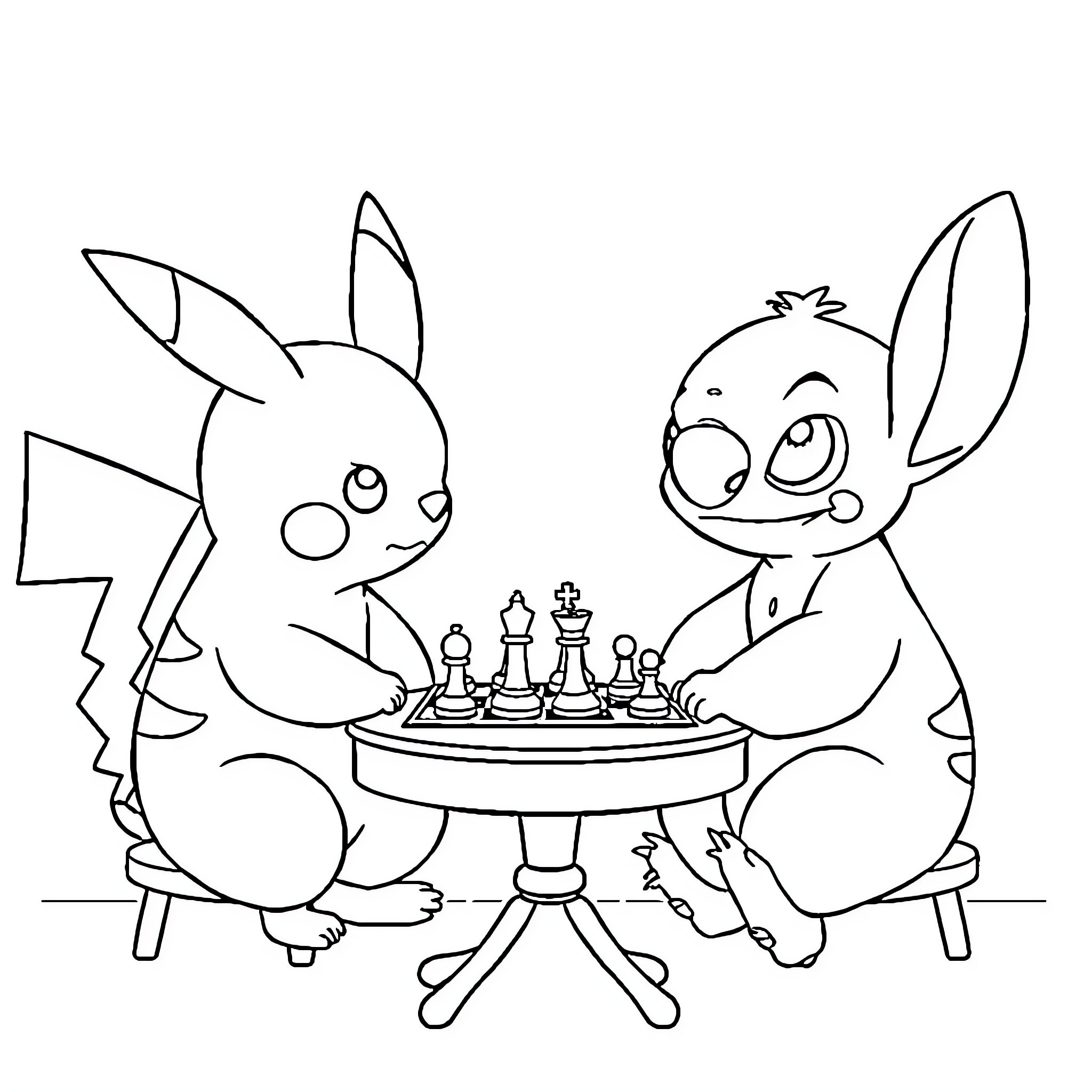 Pikachu and Stitch playing chess together Coloring Page (free black-and-white line drawing printable PDF for all, from beginners to advanced learners, including children, teens, adults, and seniors)