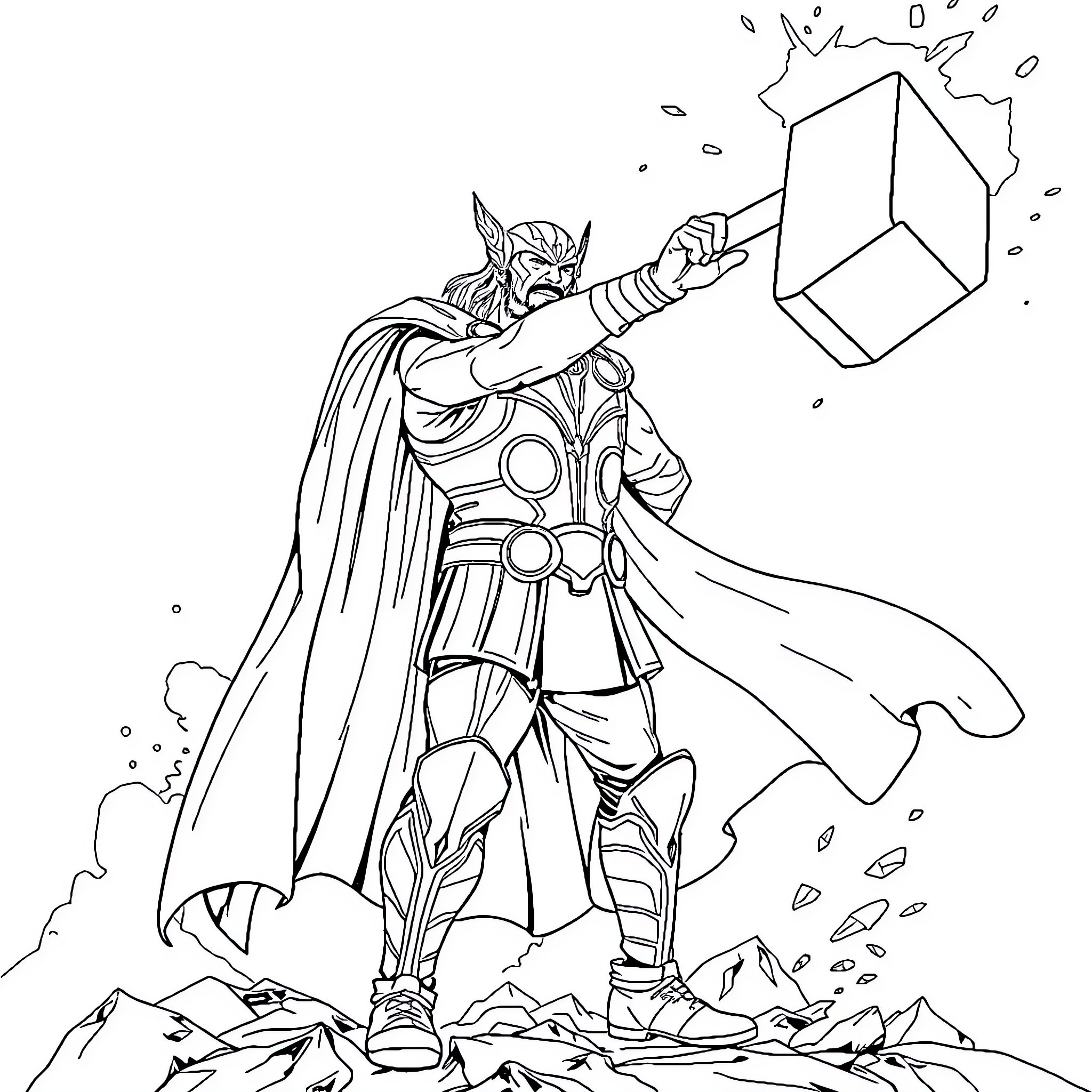 Thor Wielding Mjolnir in an Epic Stance Coloring Page (free black-and-white line drawing printable PDF for all, from beginners to advanced learners, including children, teens, adults, and seniors)
