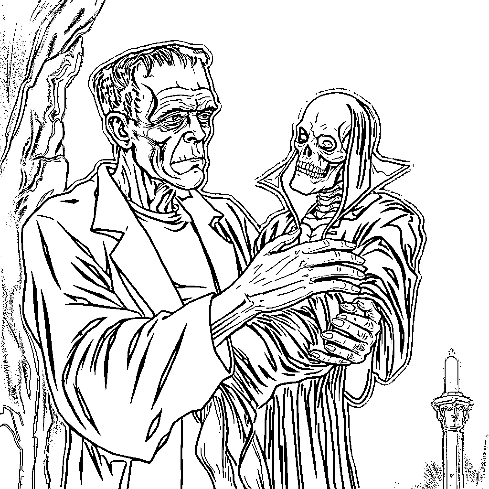 Frankenstein's monster confronts the grim reaper Coloring Page (free black-and-white line drawing printable PDF for all, from beginners to advanced learners, including children, teens, adults, and seniors)