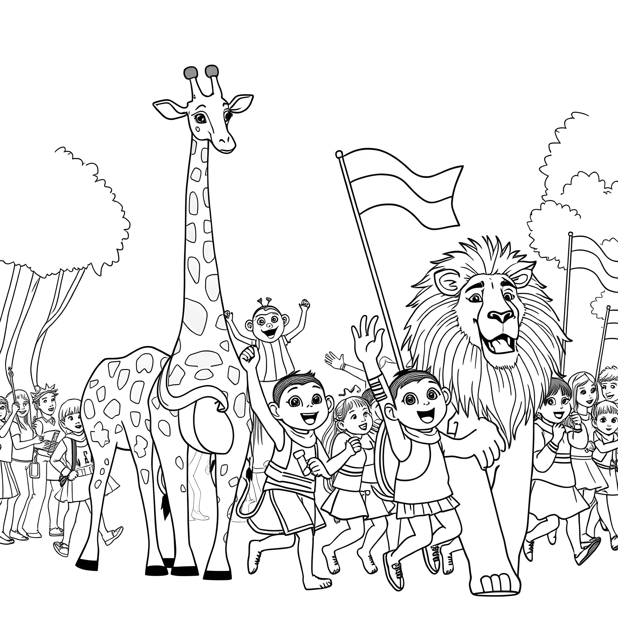 Animal characters happily marching in a parade Coloring Page (free black-and-white line drawing printable PDF for all, from beginners to advanced learners, including children, teens, adults, and seniors)