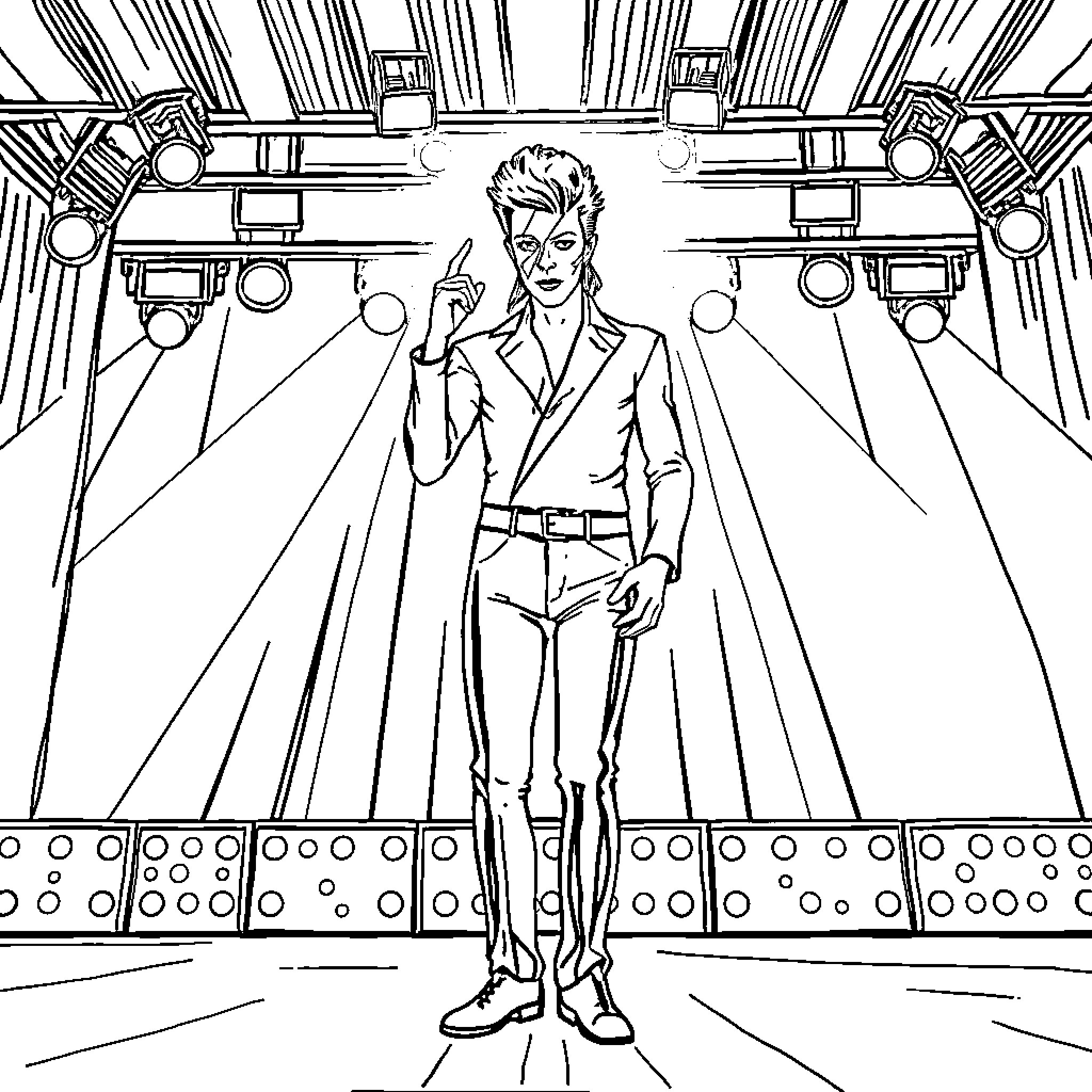 David Bowie performing on stage with elaborate lighting Coloring Page (free black-and-white line drawing printable PDF for all, from beginners to advanced learners, including children, teens, adults, and seniors)