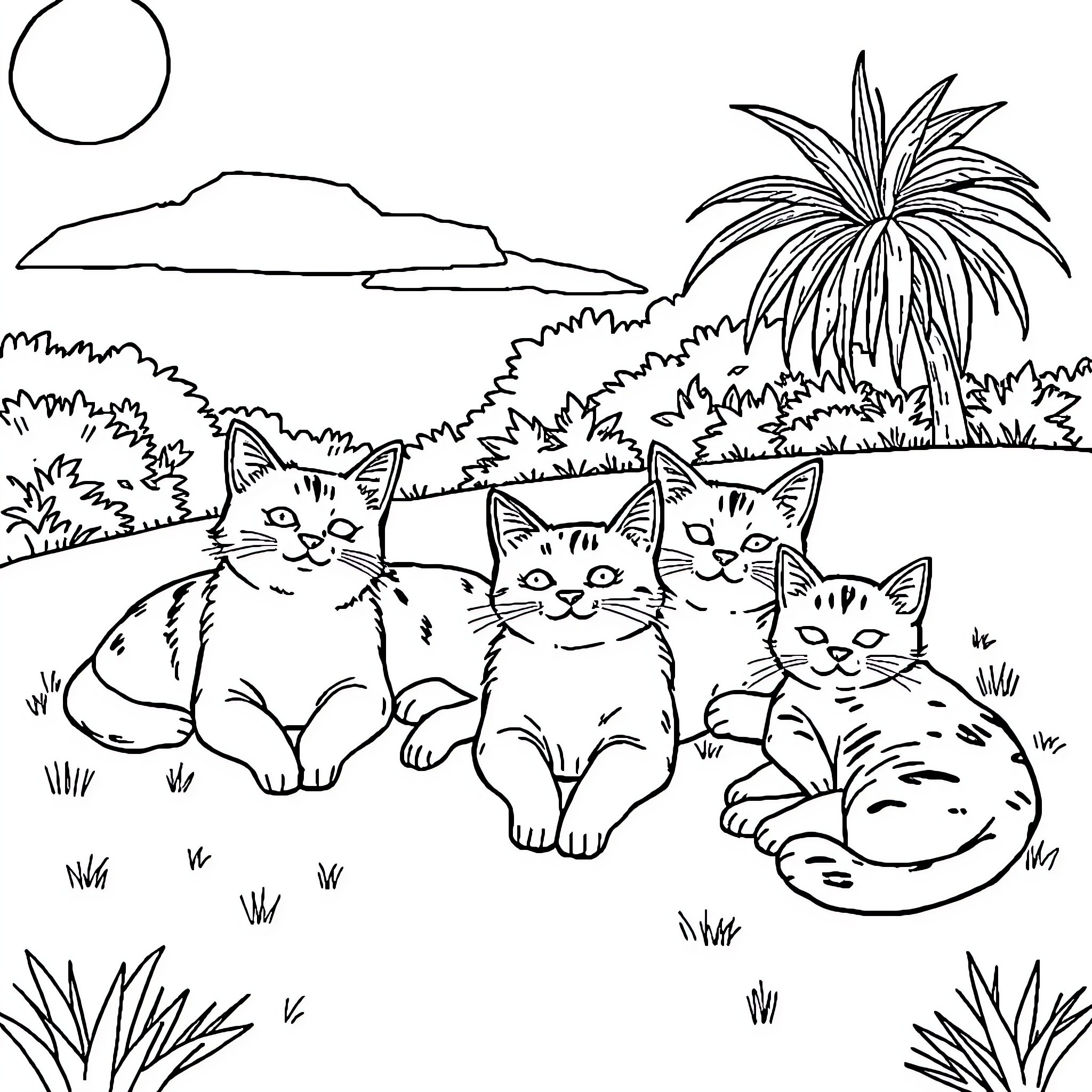Cats relaxing in tropical landscape Coloring Page (free black-and-white line drawing printable PDF for all, from beginners to advanced learners, including children, teens, adults, and seniors)