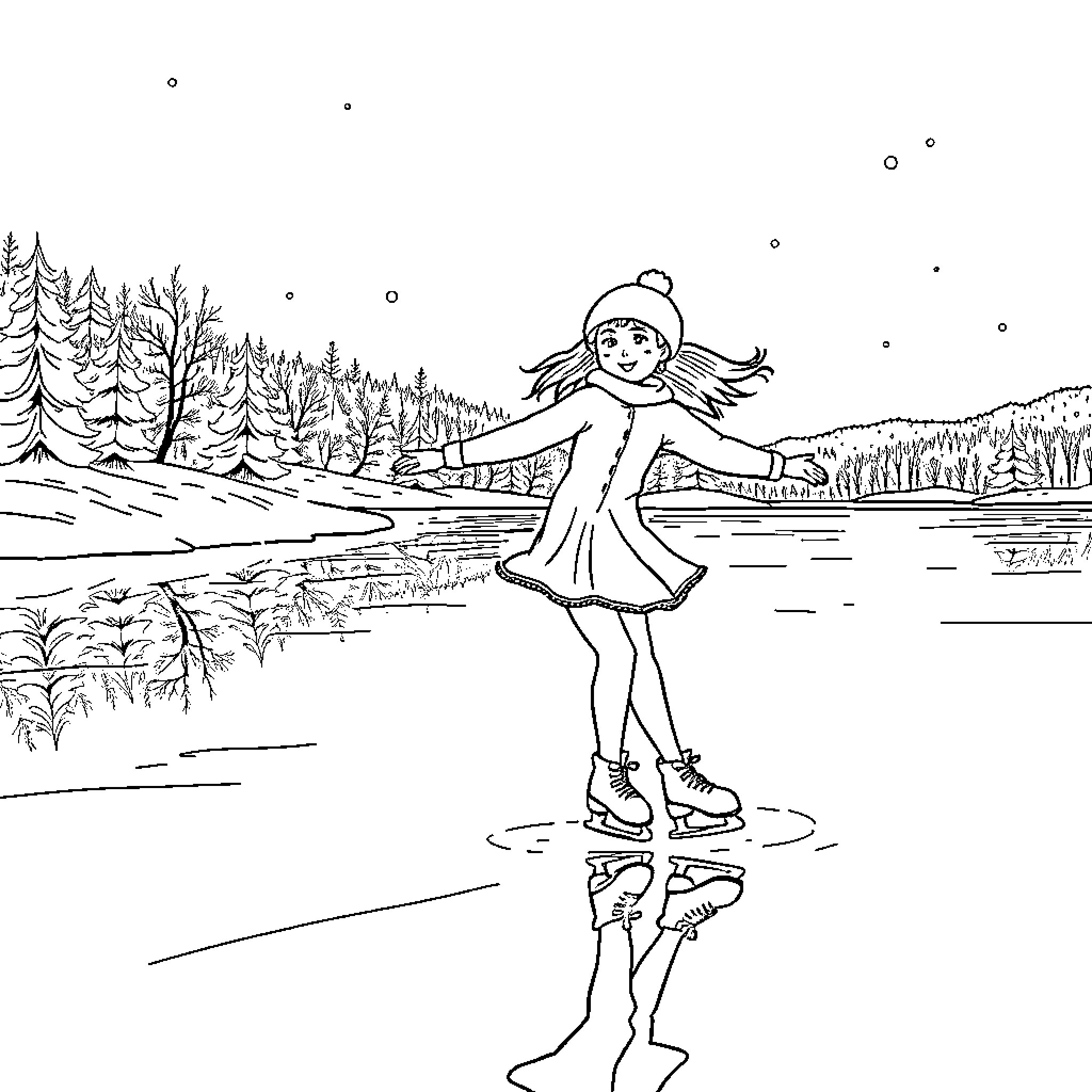 Girl skating gracefully on frozen lake Coloring Page (free black-and-white line drawing printable PDF for all, from beginners to advanced learners, including children, teens, adults, and seniors)