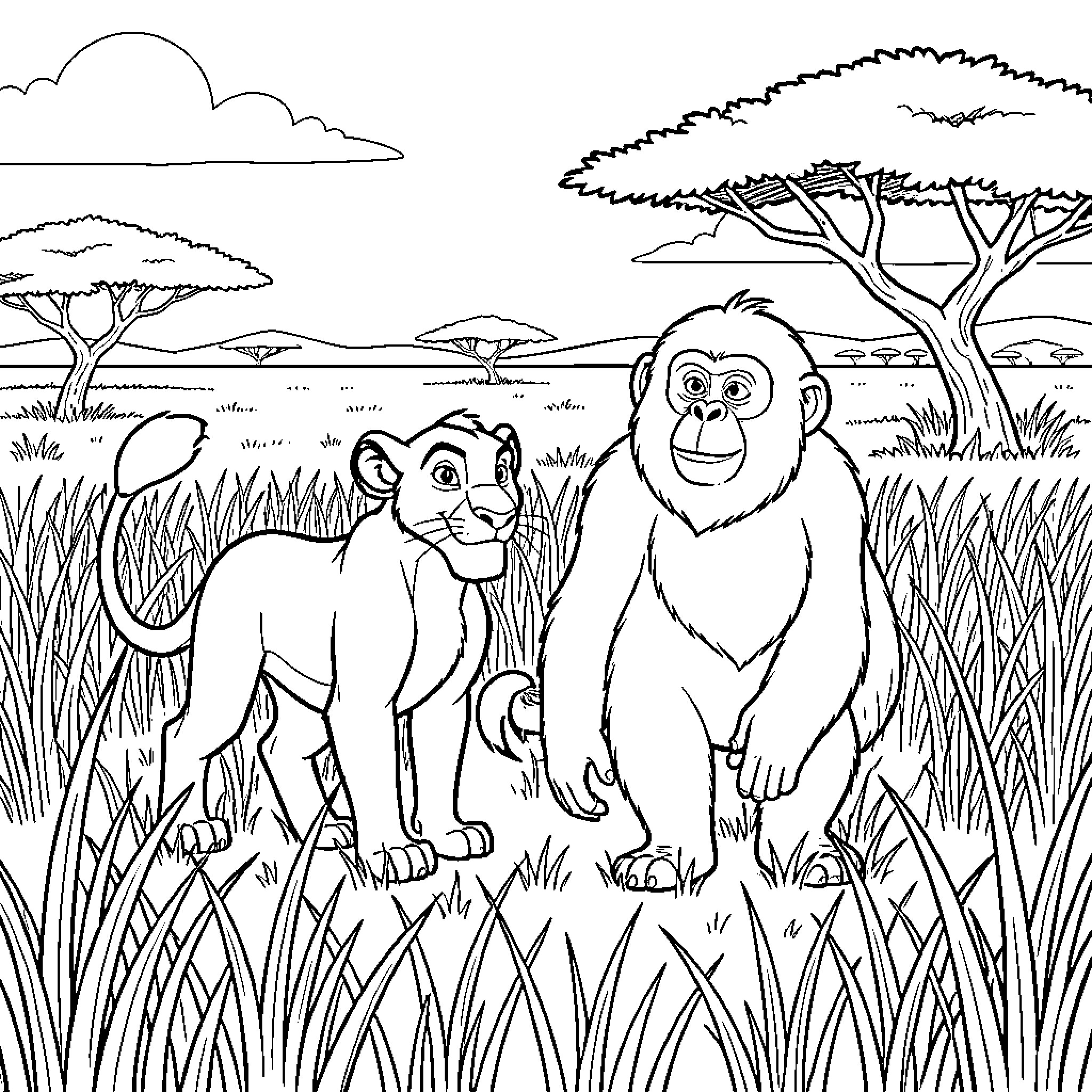 Simba walking through the tall grass with an ape Coloring Page (free black-and-white line drawing printable PDF for all, from beginners to advanced learners, including children, teens, adults, and seniors)