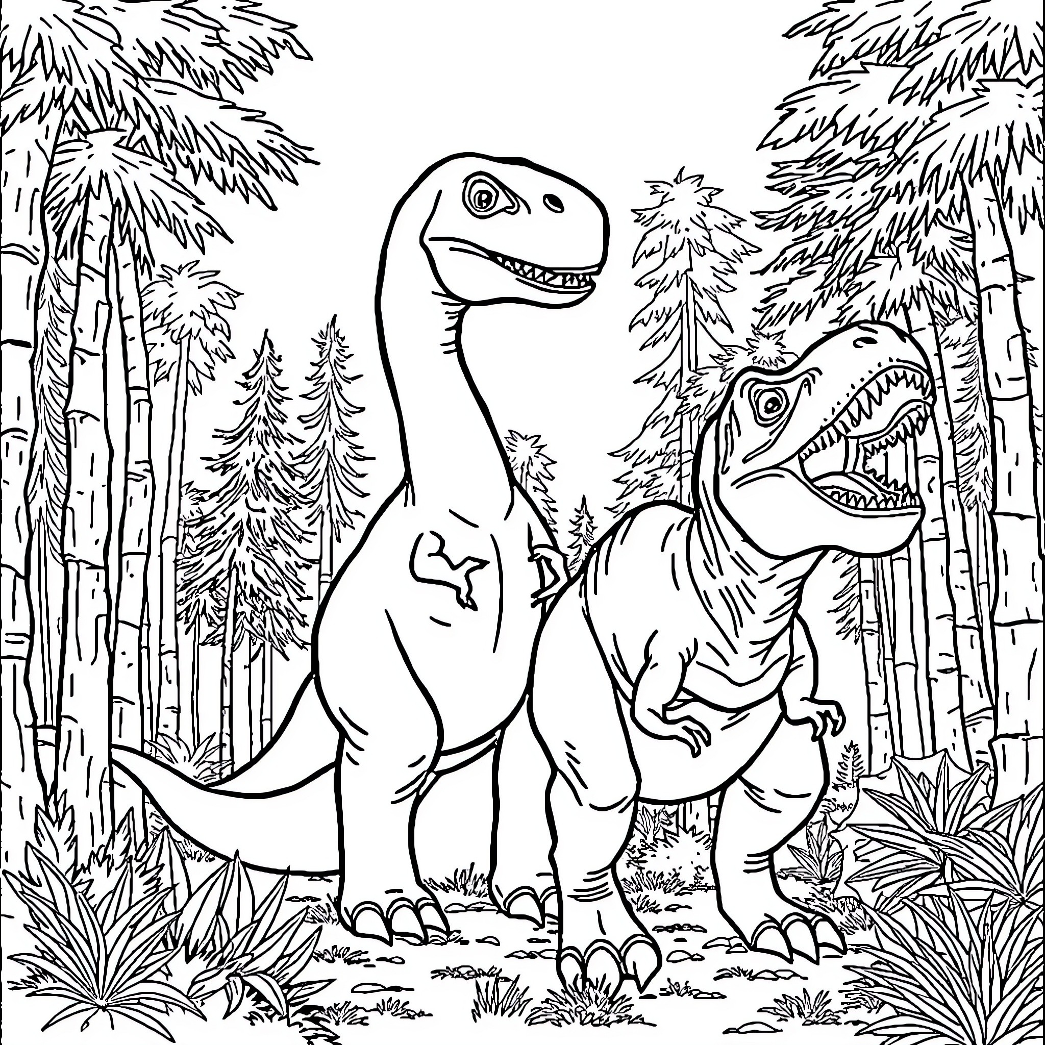 Brontosaurus Dinosaurs Exploring the Prehistoric Forest Coloring Page (free black-and-white line drawing printable PDF for all, from beginners to advanced learners, including children, teens, adults, and seniors)