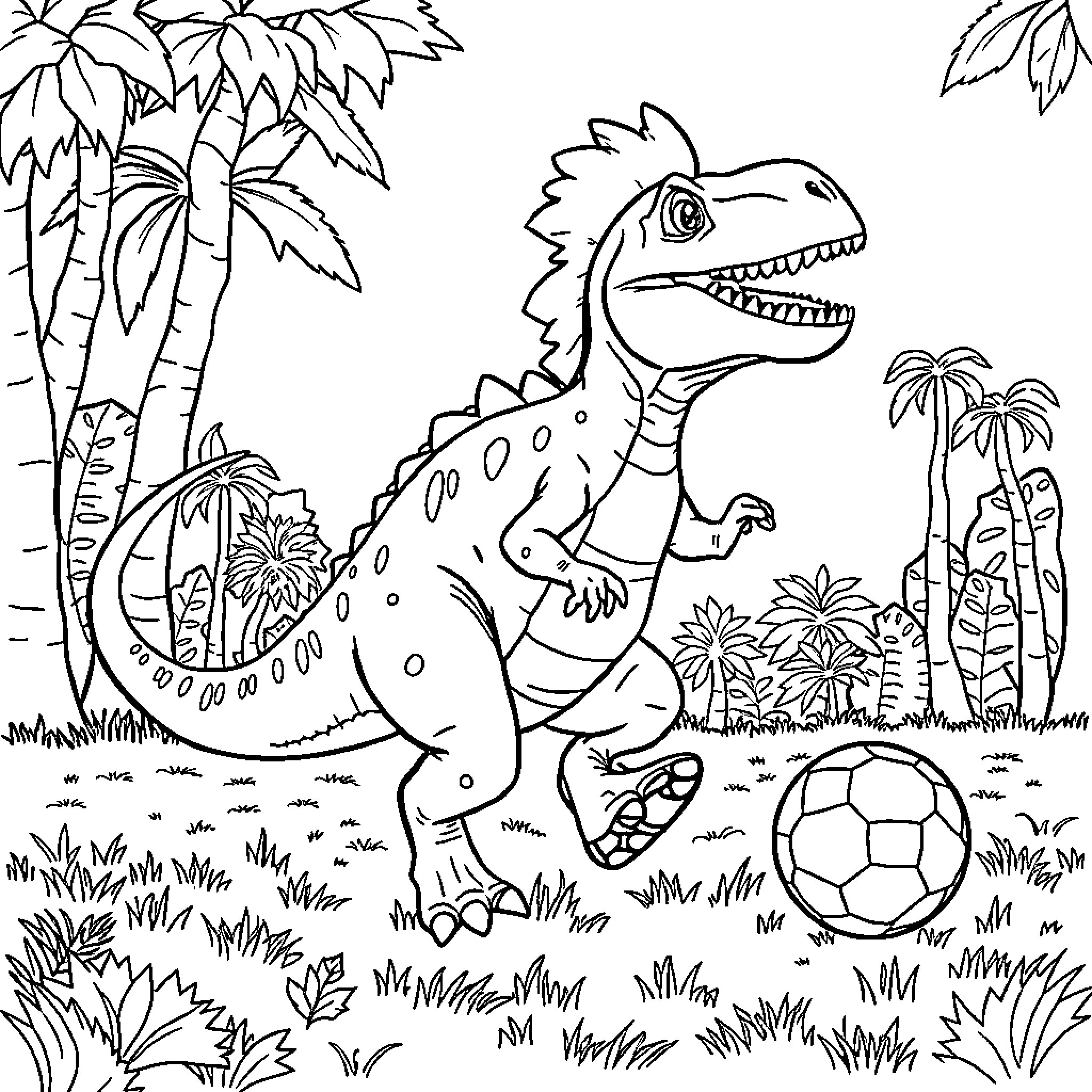 Dinosaur playing with a soccer ball in the jungle Coloring Page (free black-and-white line drawing printable PDF for all, from beginners to advanced learners, including children, teens, adults, and seniors)