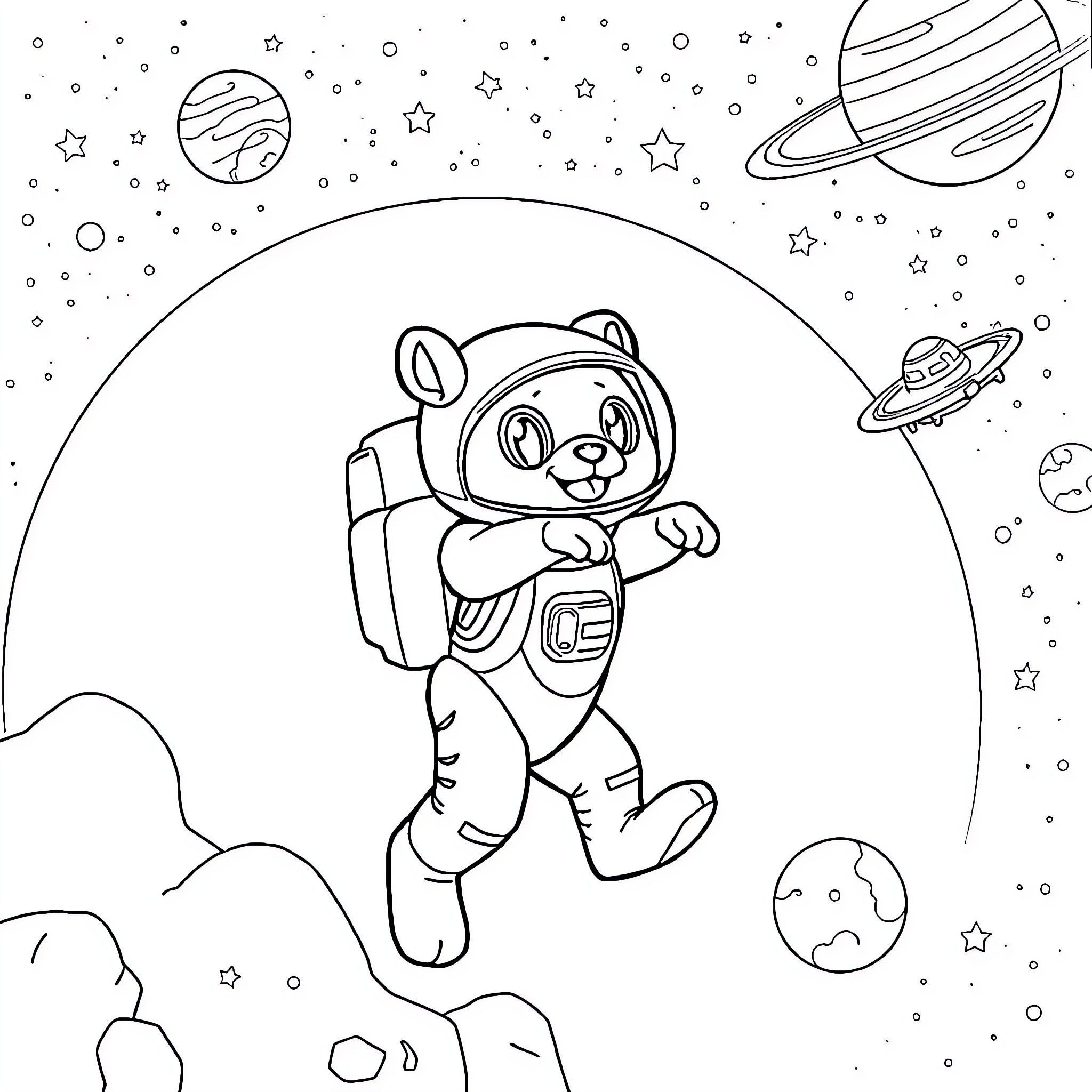 Paw Patrol Astronaut Exploring the Cosmos Coloring Page (free black-and-white line drawing printable PDF for all, from beginners to advanced learners, including children, teens, adults, and seniors)