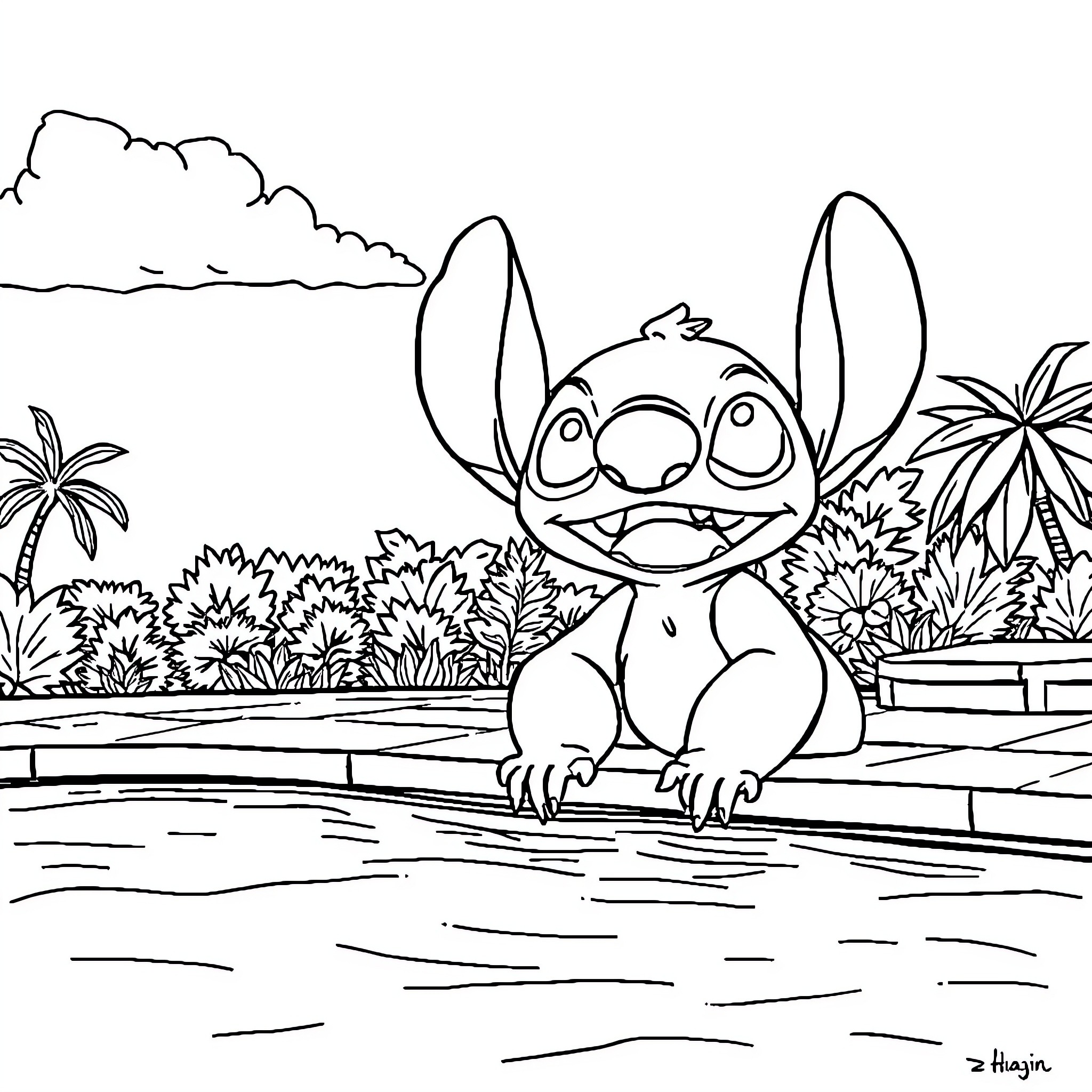 Stitch playing happily in the tropical environment Coloring Page (free black-and-white line drawing printable PDF for all, from beginners to advanced learners, including children, teens, adults, and seniors)