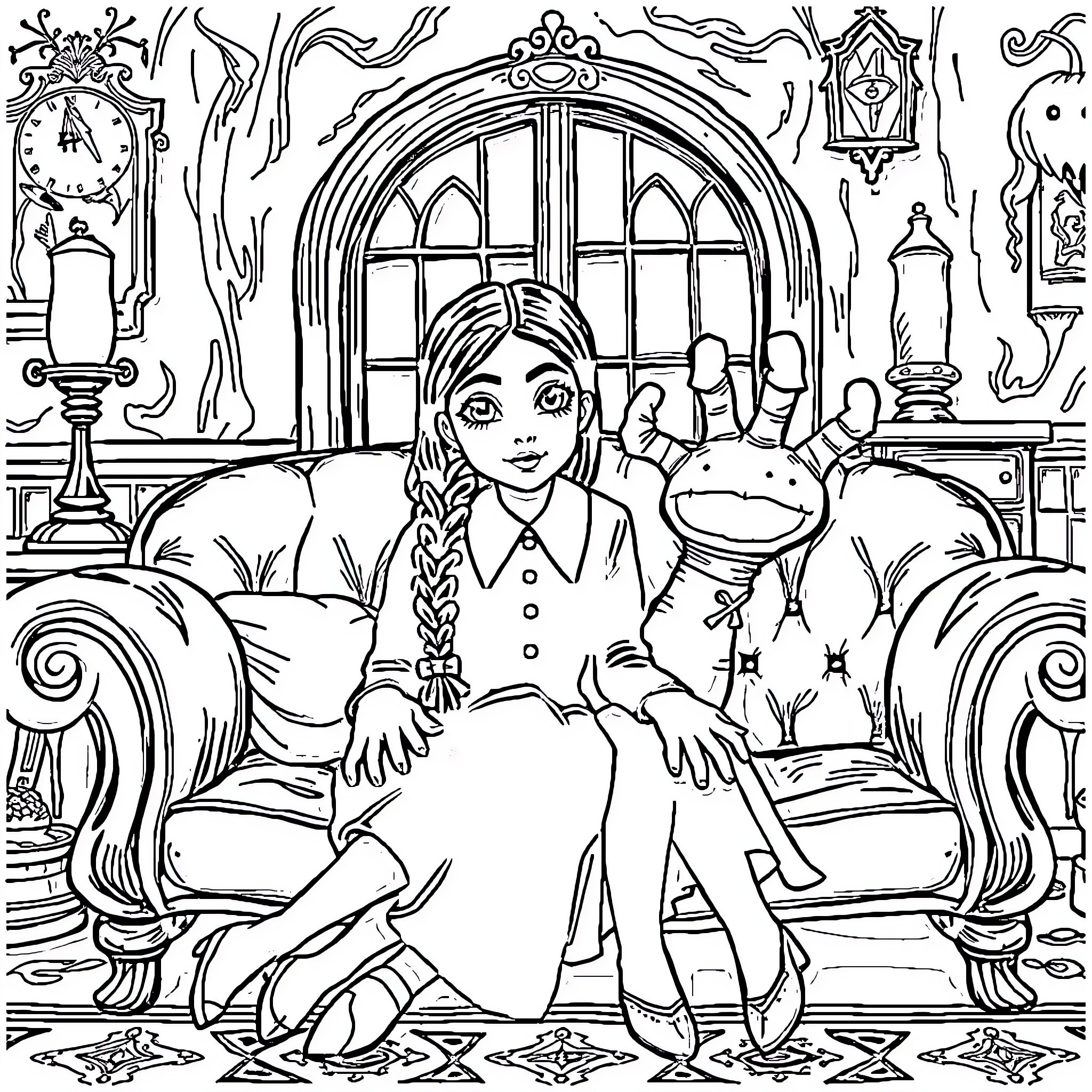 Wednesday Addams in her Gothic home interior Coloring Page (free black-and-white line drawing printable PDF for all, from beginners to advanced learners, including children, teens, adults, and seniors)