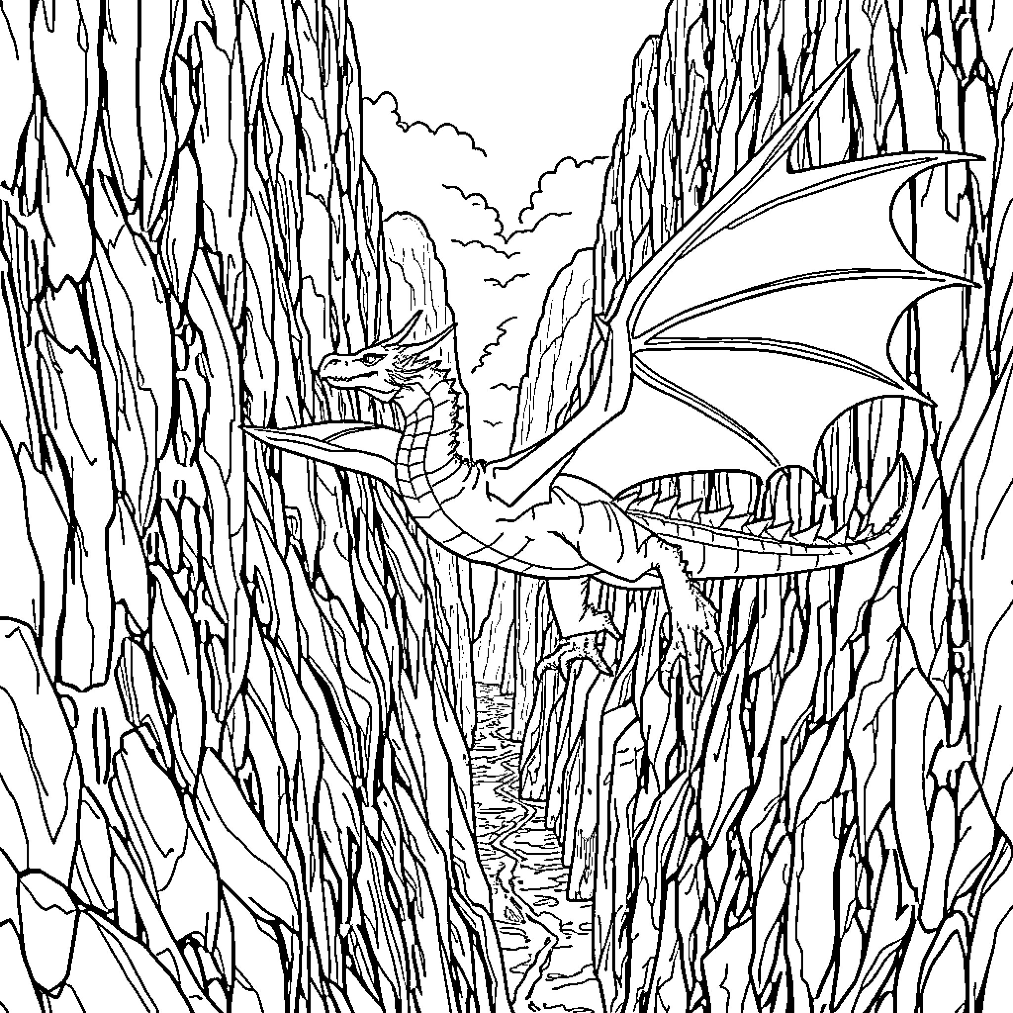 Dragon soaring through a rocky landscape Coloring Page (free black-and-white line drawing printable PDF for all, from beginners to advanced learners, including children, teens, adults, and seniors)