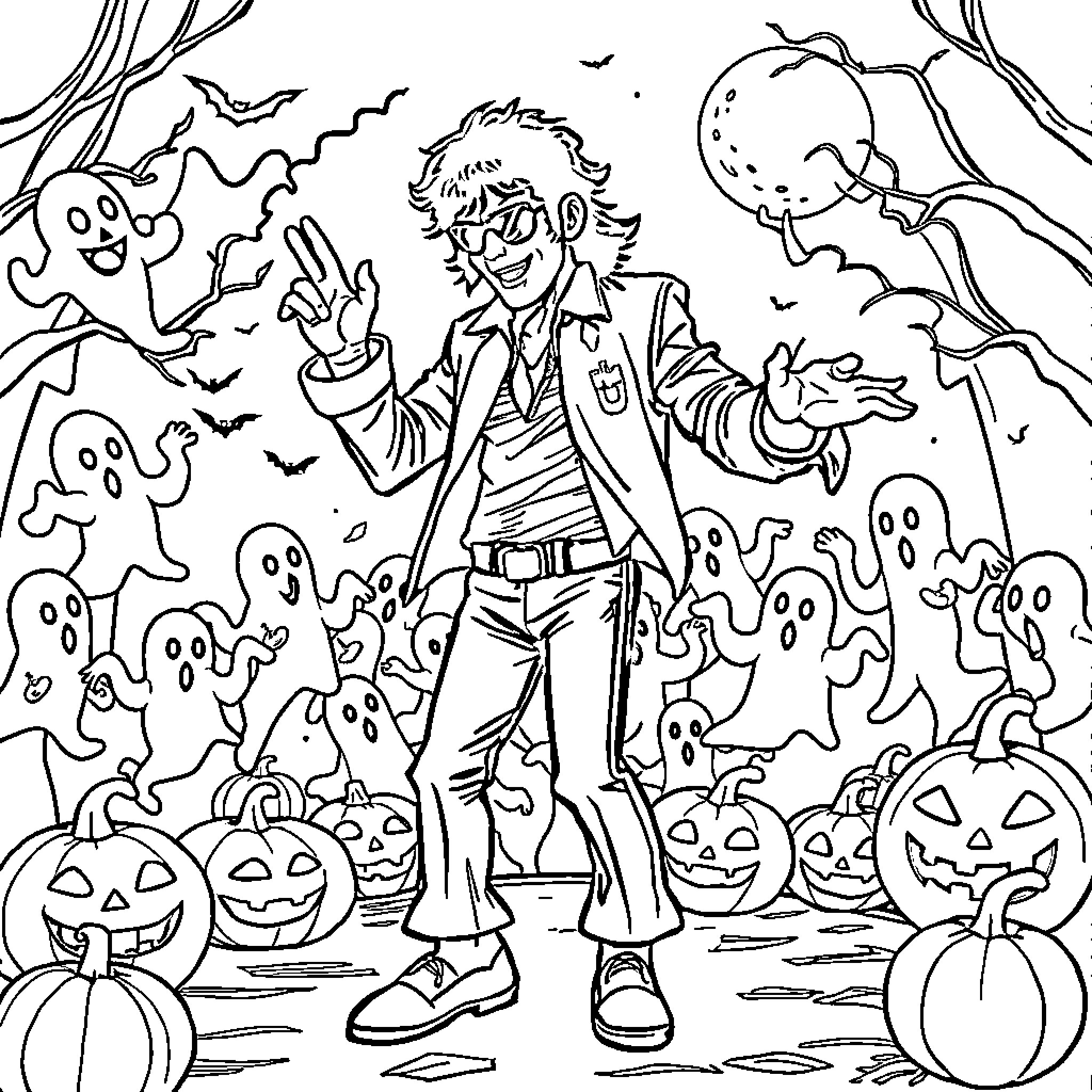 Michael Jackson's Spooktacular Halloween Adventure Coloring Page (free black-and-white line drawing printable PDF for all, from beginners to advanced learners, including children, teens, adults, and seniors)
