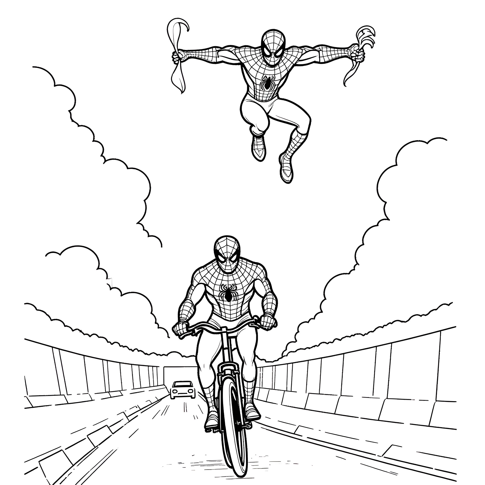 Spiderman swinging and biking through the city Coloring Page (free black-and-white line drawing printable PDF for all, from beginners to advanced learners, including children, teens, adults, and seniors)