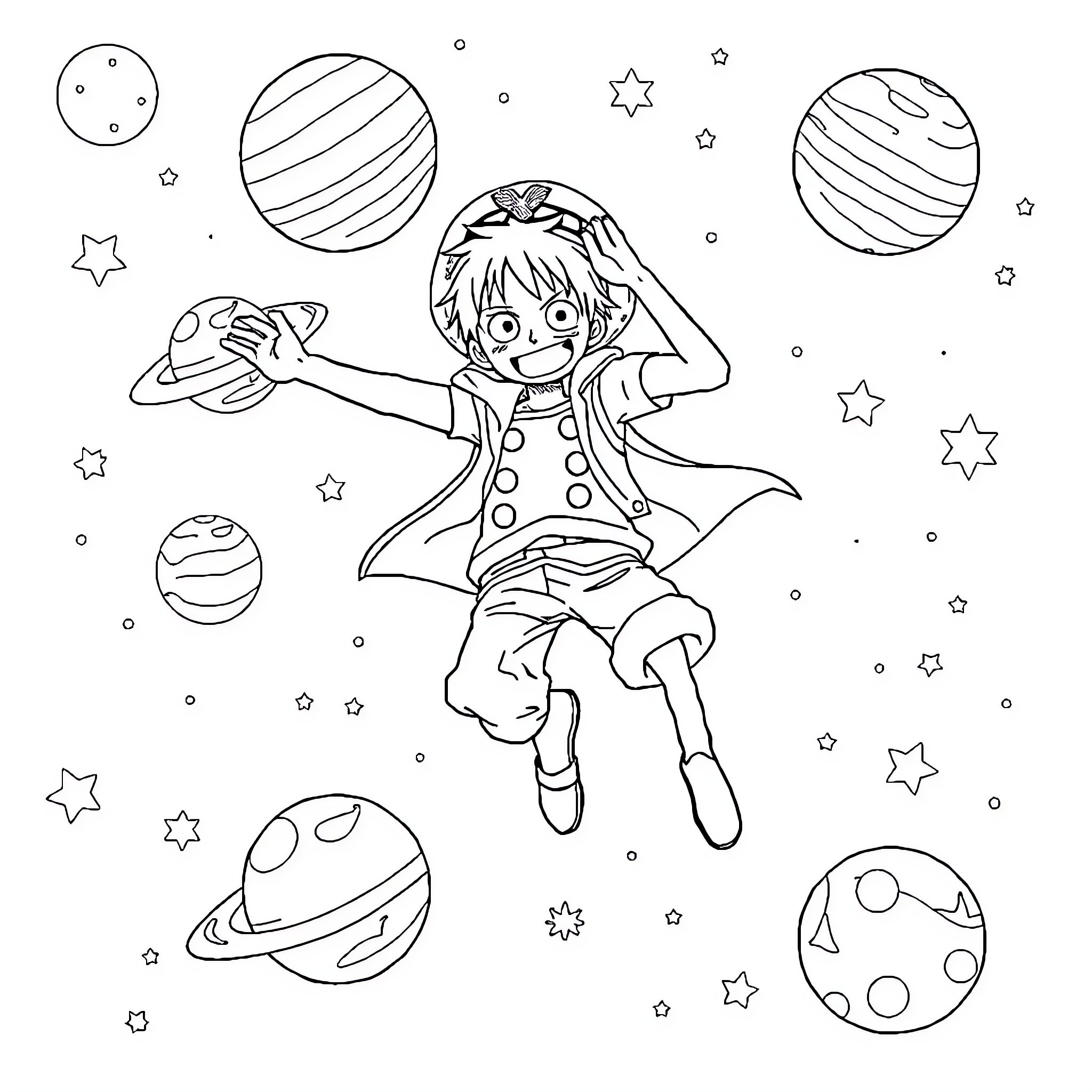 Luffy Floating in Cosmic Space Coloring Page (free black-and-white line drawing printable PDF for all, from beginners to advanced learners, including children, teens, adults, and seniors)