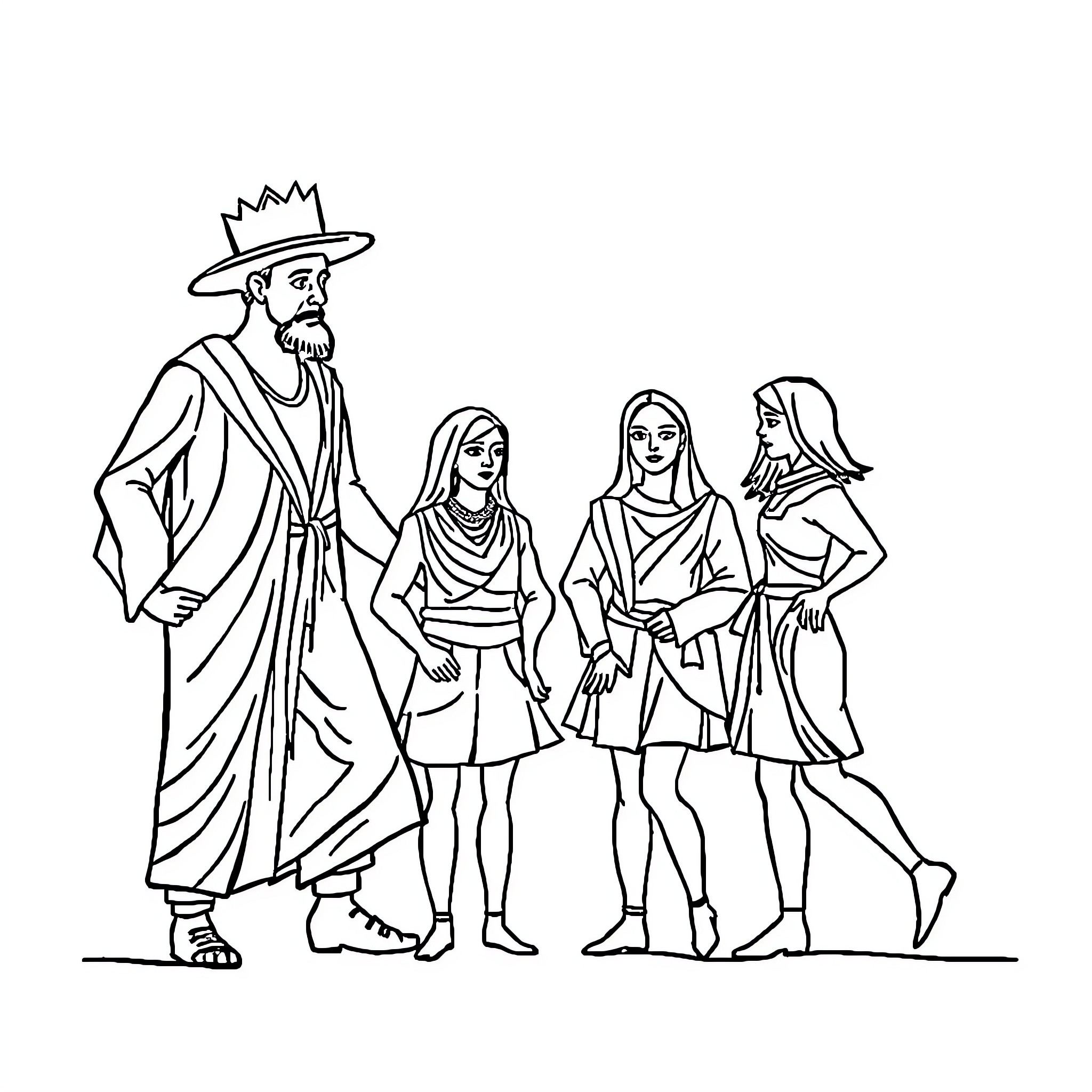 Figure of a man and three women in traditional attire Coloring Page (free black-and-white line drawing printable PDF for all, from beginners to advanced learners, including children, teens, adults, and seniors)