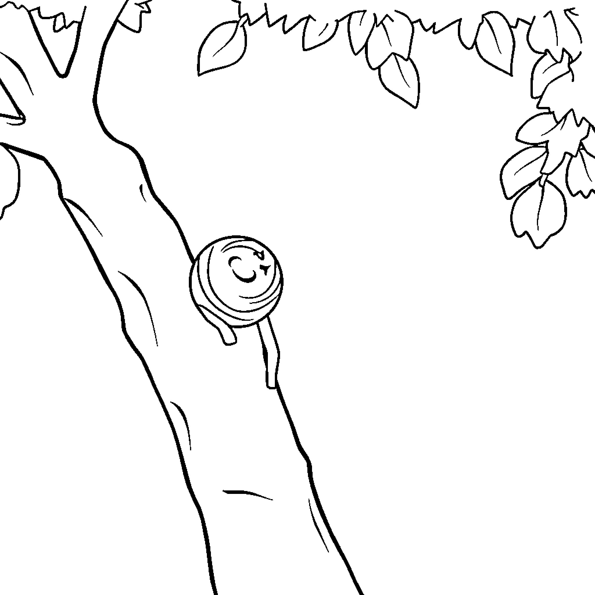Candy character climbing on tree branch Coloring Page (free black-and-white line drawing printable PDF for all, from beginners to advanced learners, including children, teens, adults, and seniors)