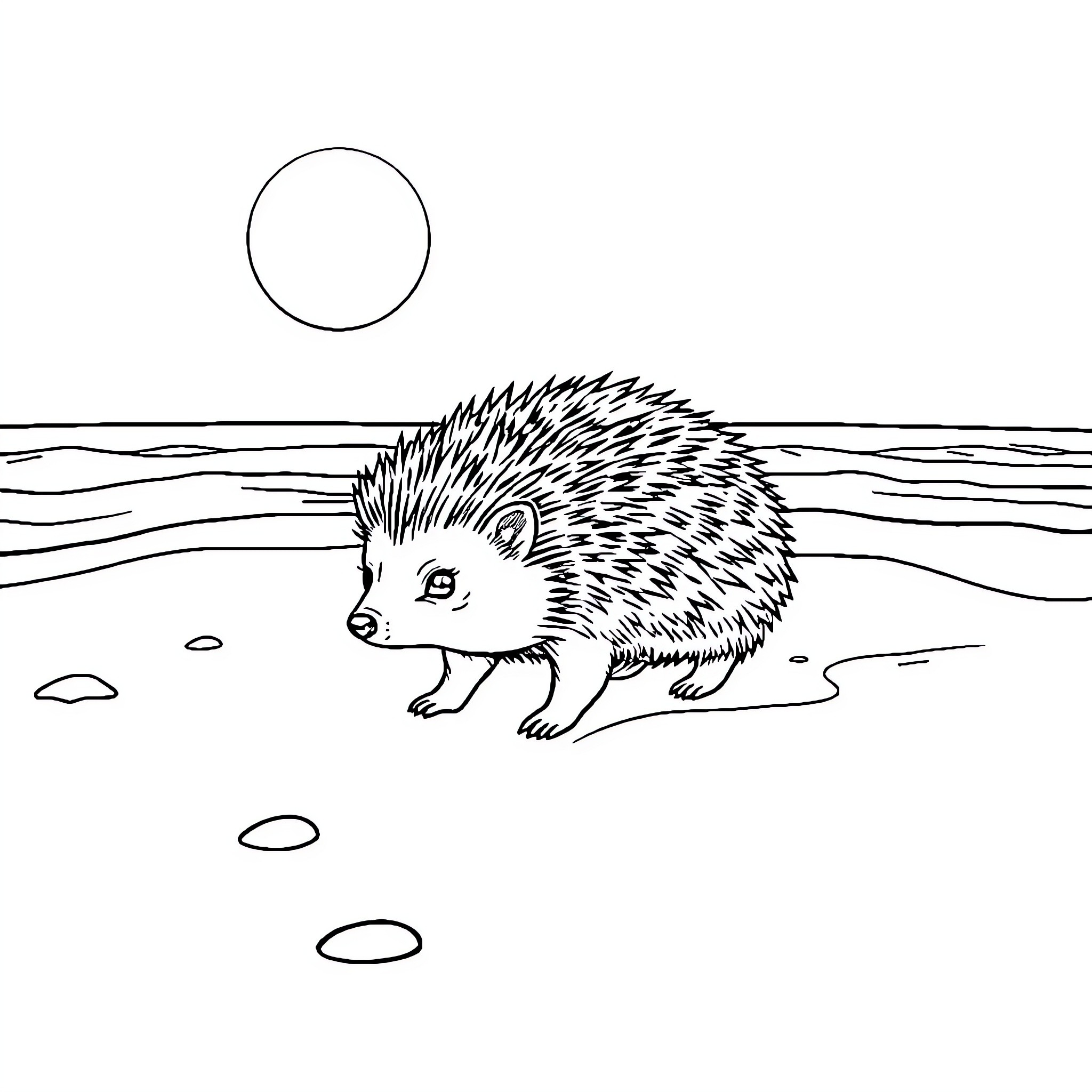 Hedgehog exploring a serene landscape Coloring Page (free black-and-white line drawing printable PDF for all, from beginners to advanced learners, including children, teens, adults, and seniors)