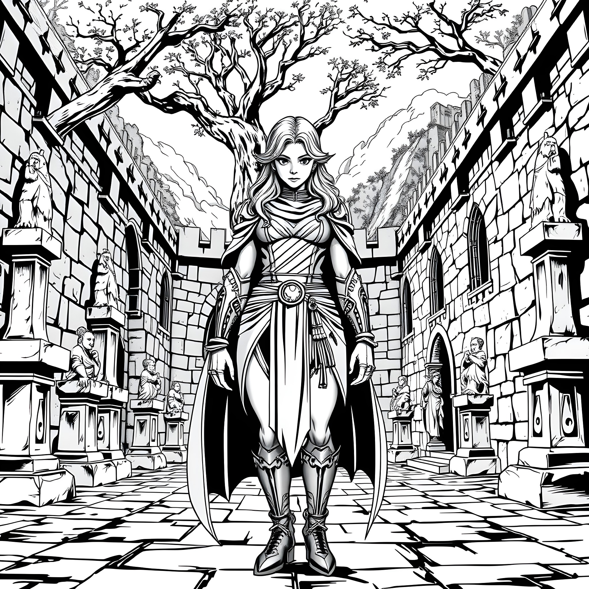 Nona Grey - Warrior Princess in Enchanted Kingdom Coloring Page (free black-and-white line drawing printable PDF for all, from beginners to advanced learners, including children, teens, adults, and seniors)