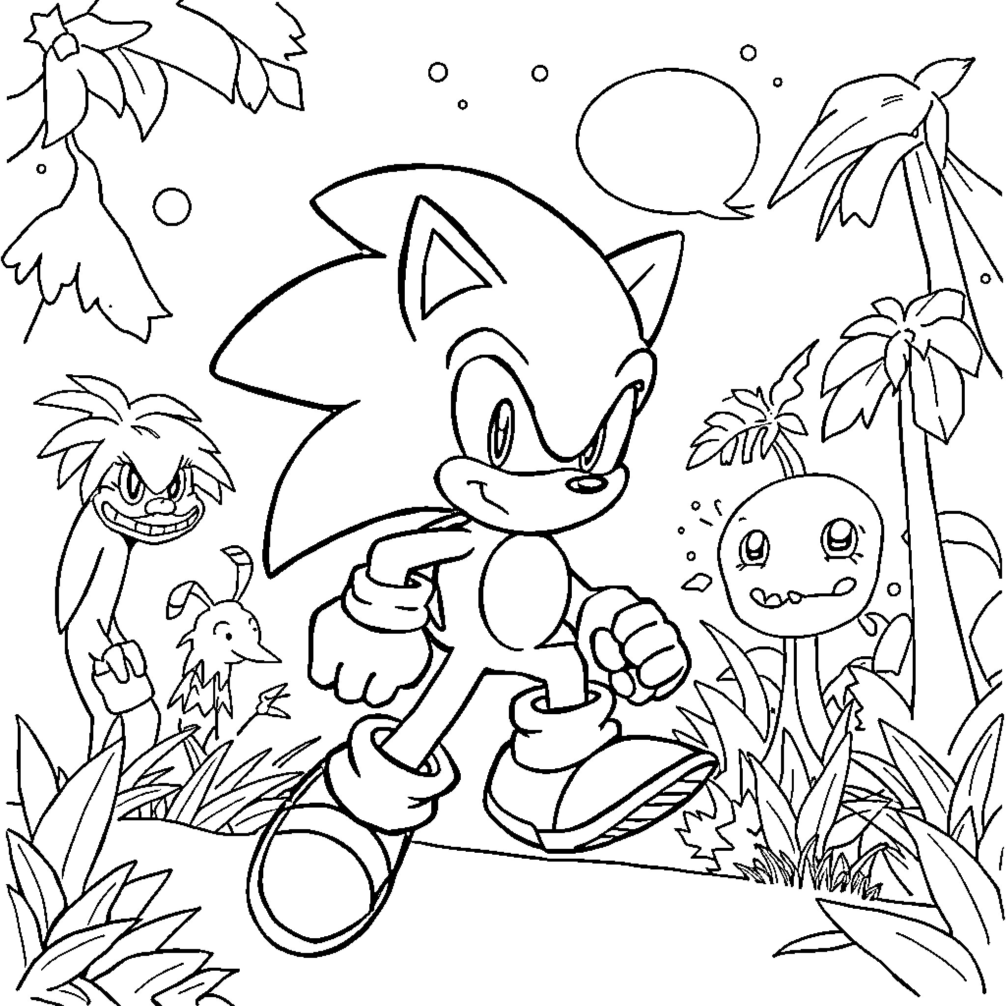 Sonic's Tropical Adventure Coloring Page (free black-and-white line drawing printable PDF for all, from beginners to advanced learners, including children, teens, adults, and seniors)