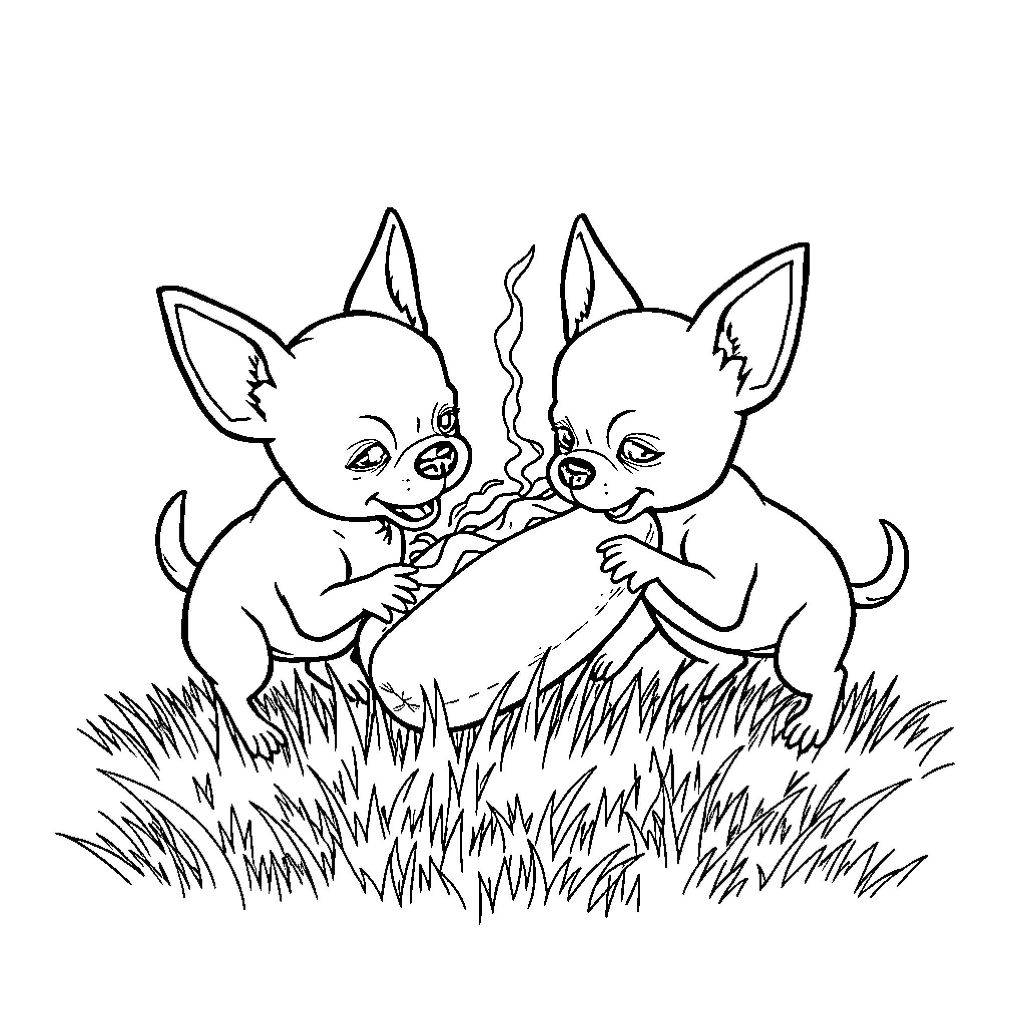 Chihuahuas playing joyfully in the grass Coloring Page (free black-and-white line drawing printable PDF for all, from beginners to advanced learners, including children, teens, adults, and seniors)