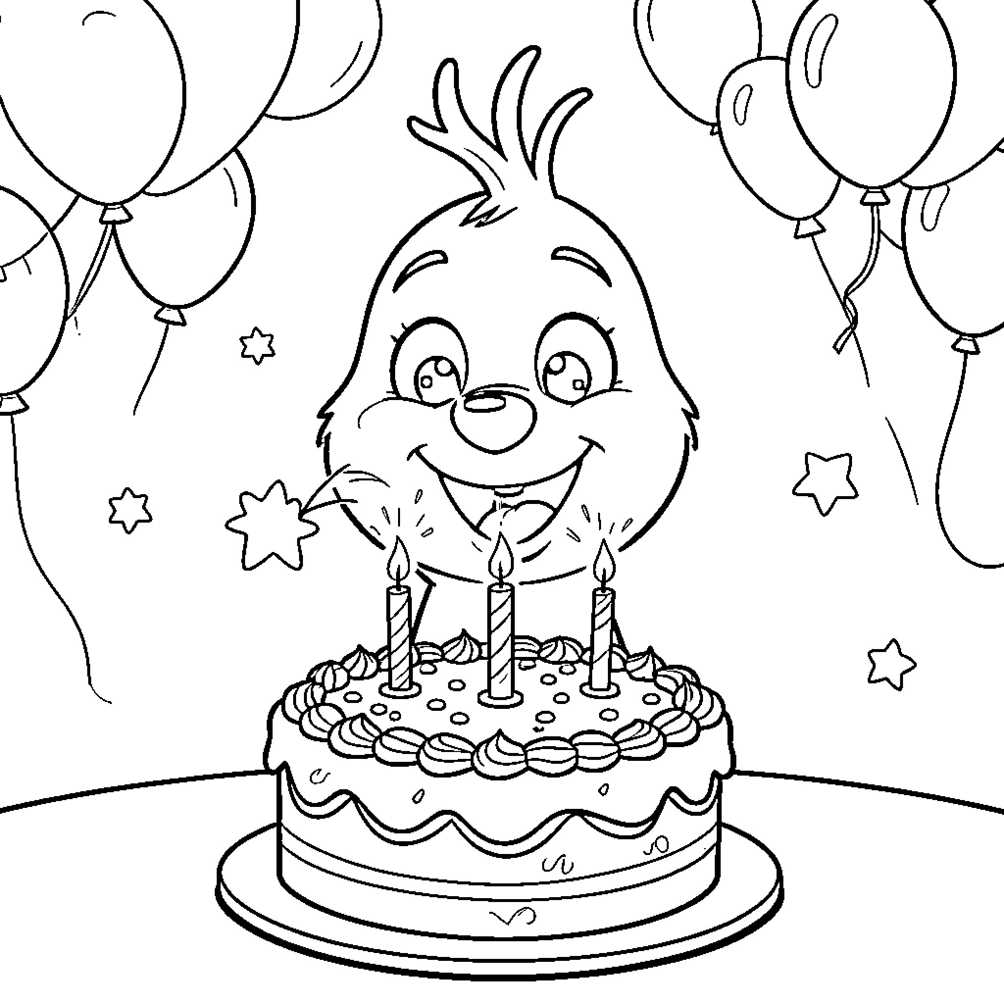 Olaf celebrates birthday with cake and balloons Coloring Page (free black-and-white line drawing printable PDF for all, from beginners to advanced learners, including children, teens, adults, and seniors)