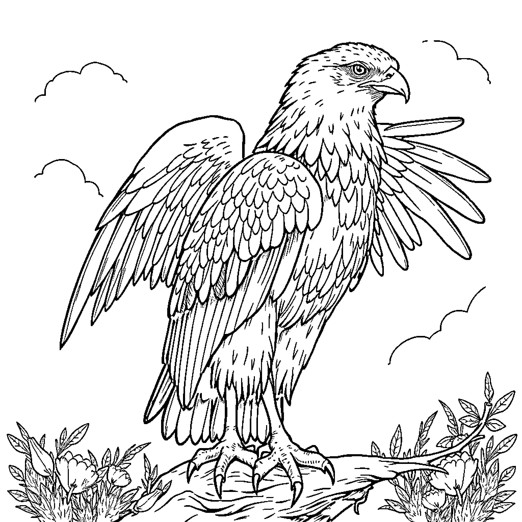 Chiva perching amidst clouds and foliage Coloring Page (free black-and-white line drawing printable PDF for all, from beginners to advanced learners, including children, teens, adults, and seniors)