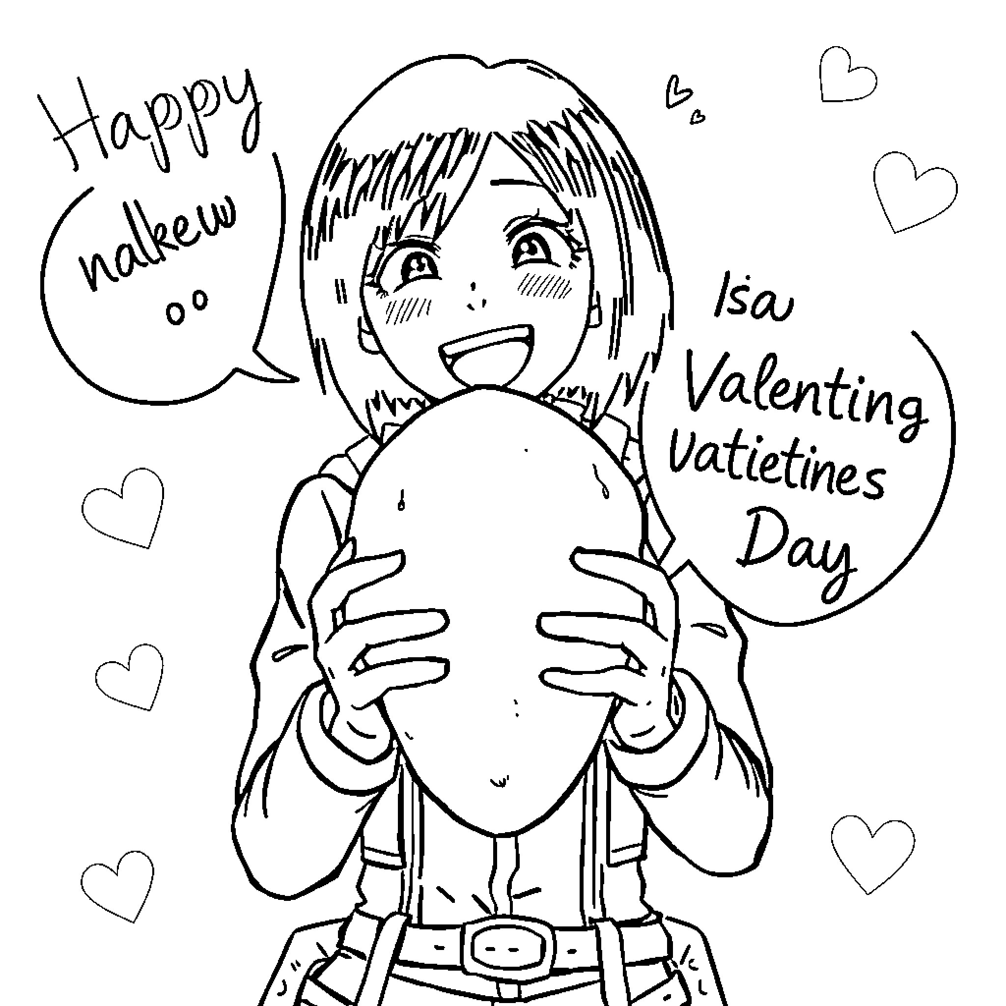 Sasha Braus celebrates Valentine's Day happily Coloring Page (free black-and-white line drawing printable PDF for all, from beginners to advanced learners, including children, teens, adults, and seniors)