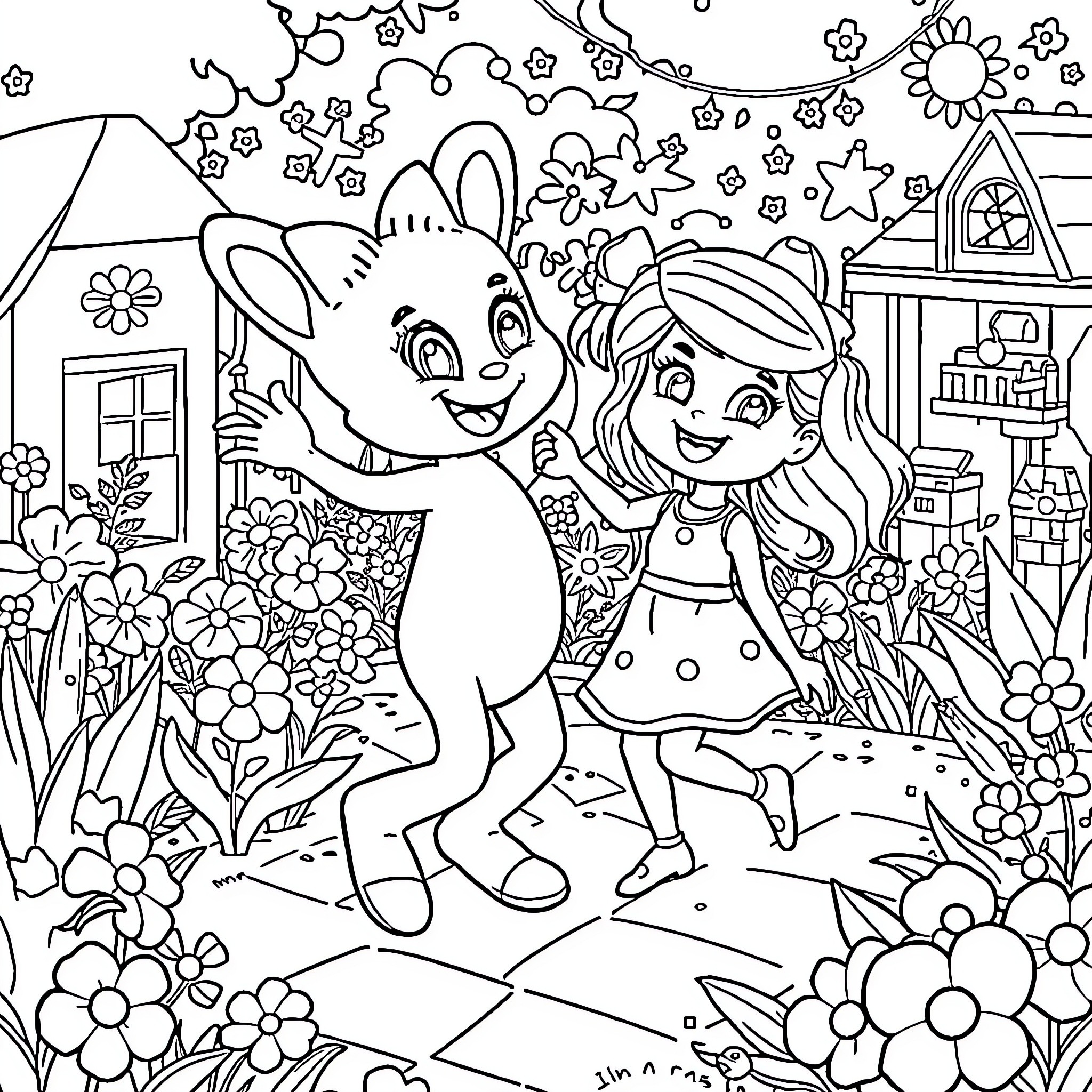 Bluey and Friends Explore the Magical Garden Coloring Page (free black-and-white line drawing printable PDF for all, from beginners to advanced learners, including children, teens, adults, and seniors)