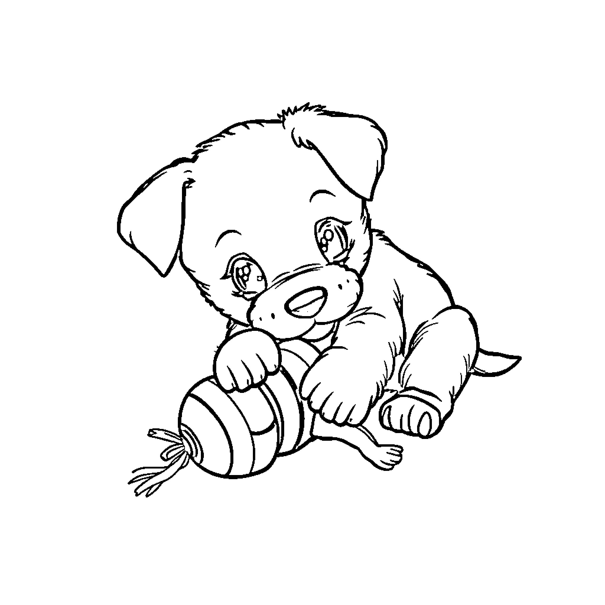 Puppy playing with a toy ball Coloring Page (free black-and-white line drawing printable PDF for all, from beginners to advanced learners, including children, teens, adults, and seniors)